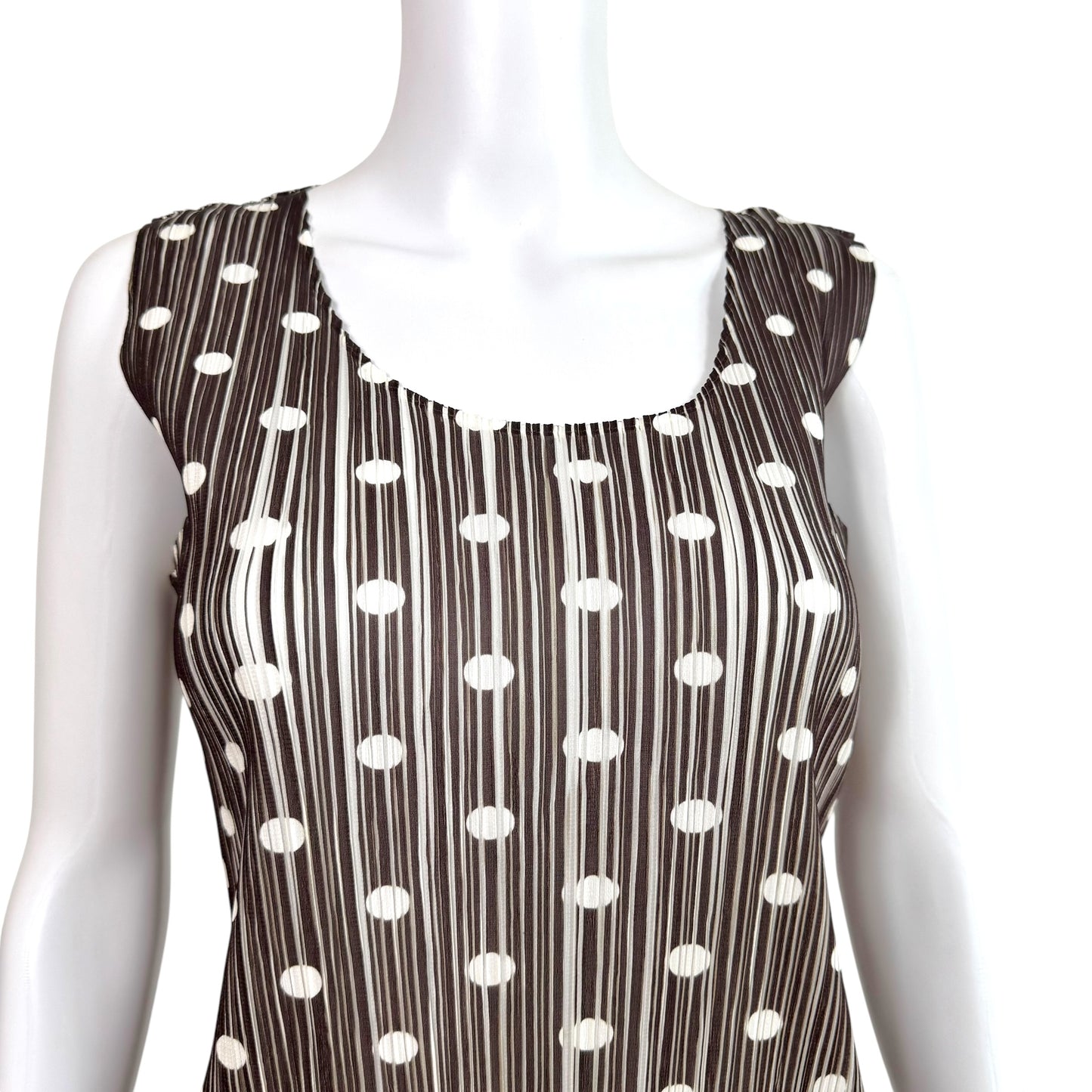 Issey Miyake Pleats Please Brown & White Polka Dot Print Pleated Mini Dress Sz 3