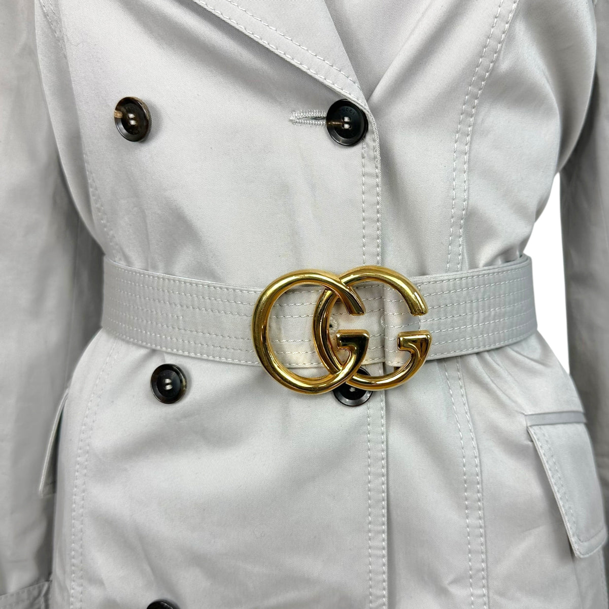 Gucci Light Gray Trench Coat with Gold GG Logo Belt