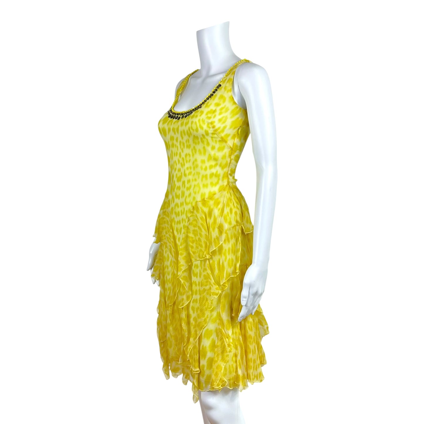 Blumarine Yellow Leopard Print Silk Midi Dress