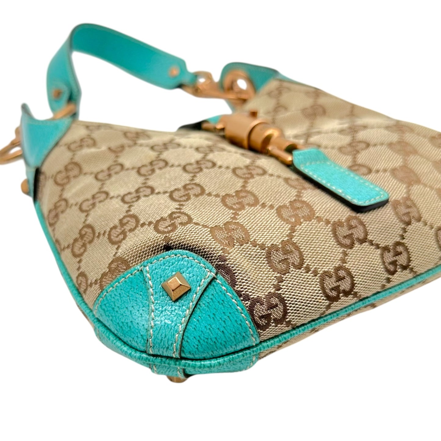 Gucci Mini Piston Jackie Bag Turquoise Leather Tan Monogram