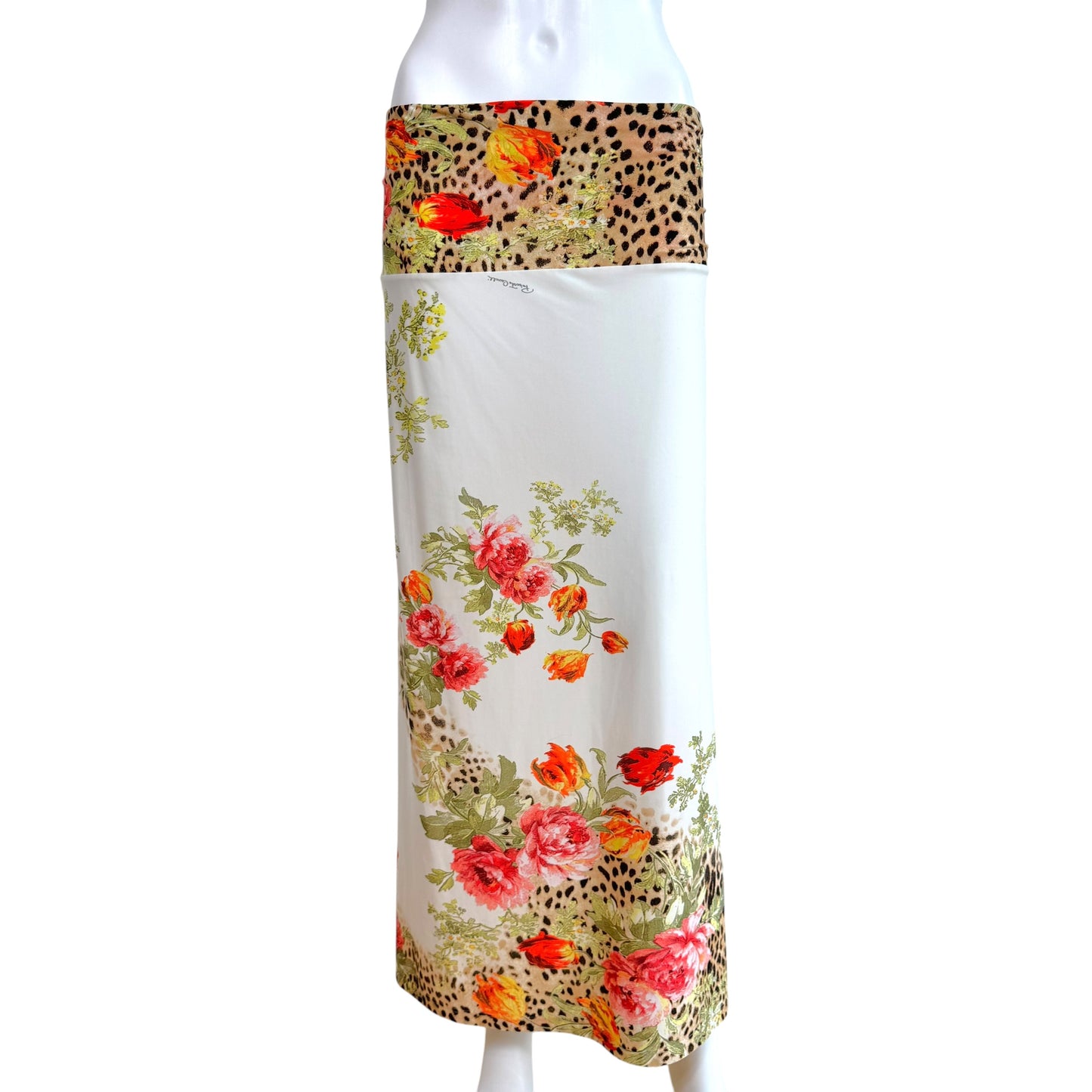 Roberto Cavalli White Leopard & Rose Floral Print Fold-Over Midi Skirt