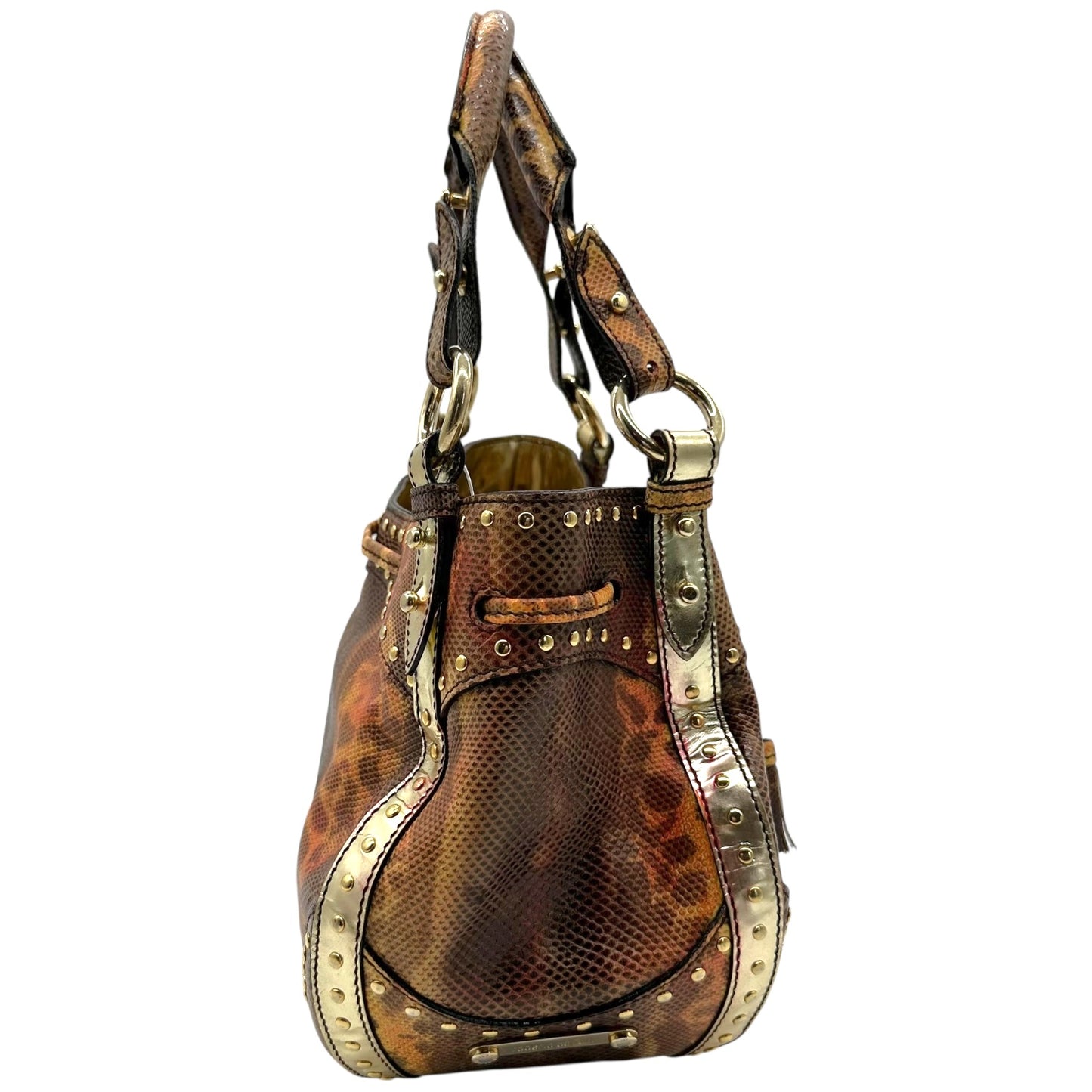 Roberto Cavalli Orange & Brown Lizard Skin Studded Bucket Bag