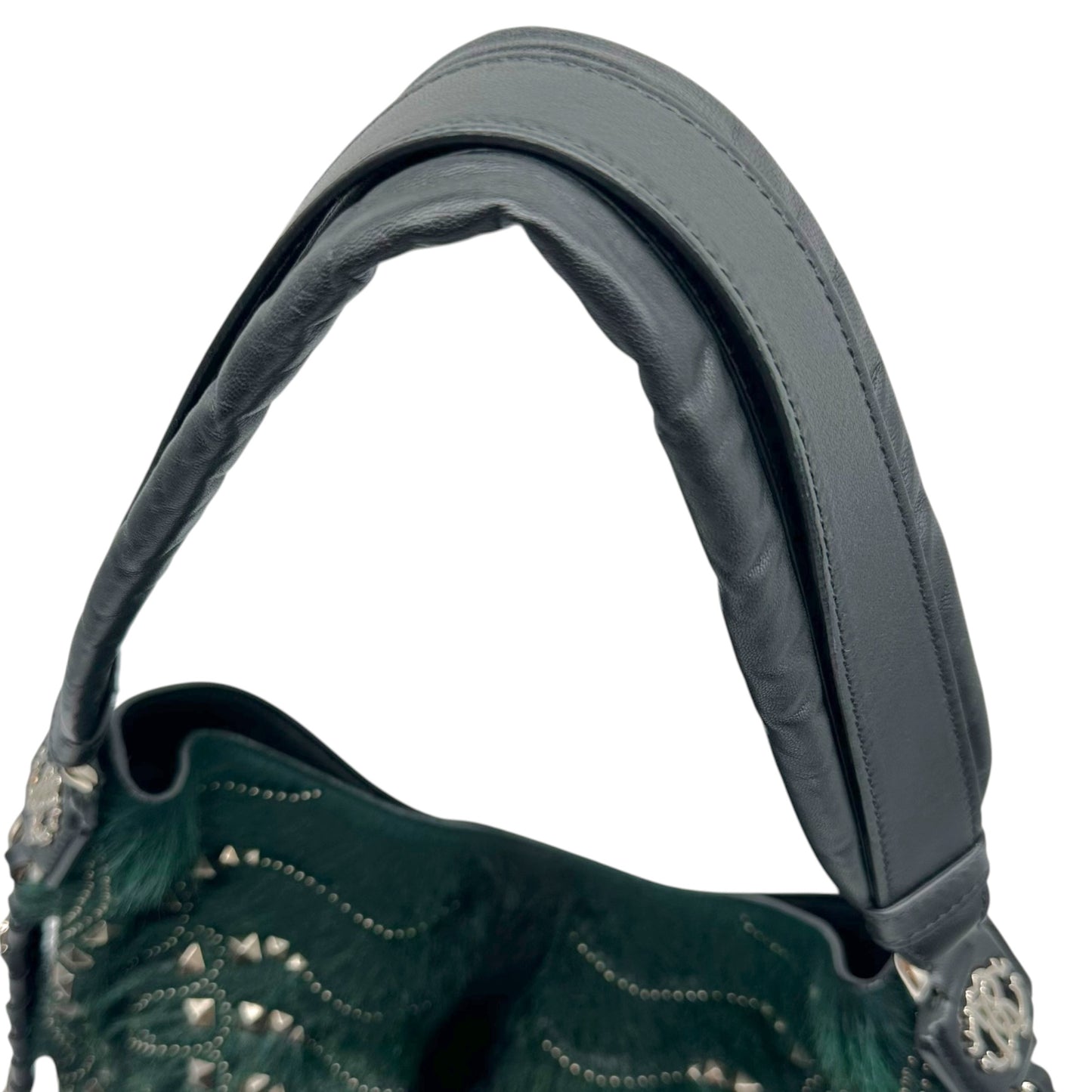 Roberto Cavalli F/W 2005 Dark Green & Gunmetal Gray Studded 2-Way Fur Bucket Bag