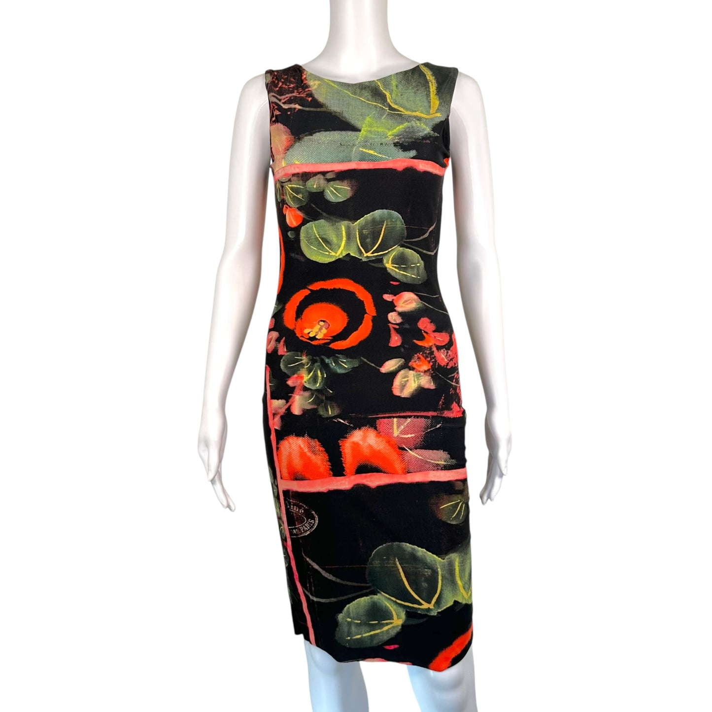Jean Paul Gaultier Soleil Black Floral Print Spandex Midi Dress