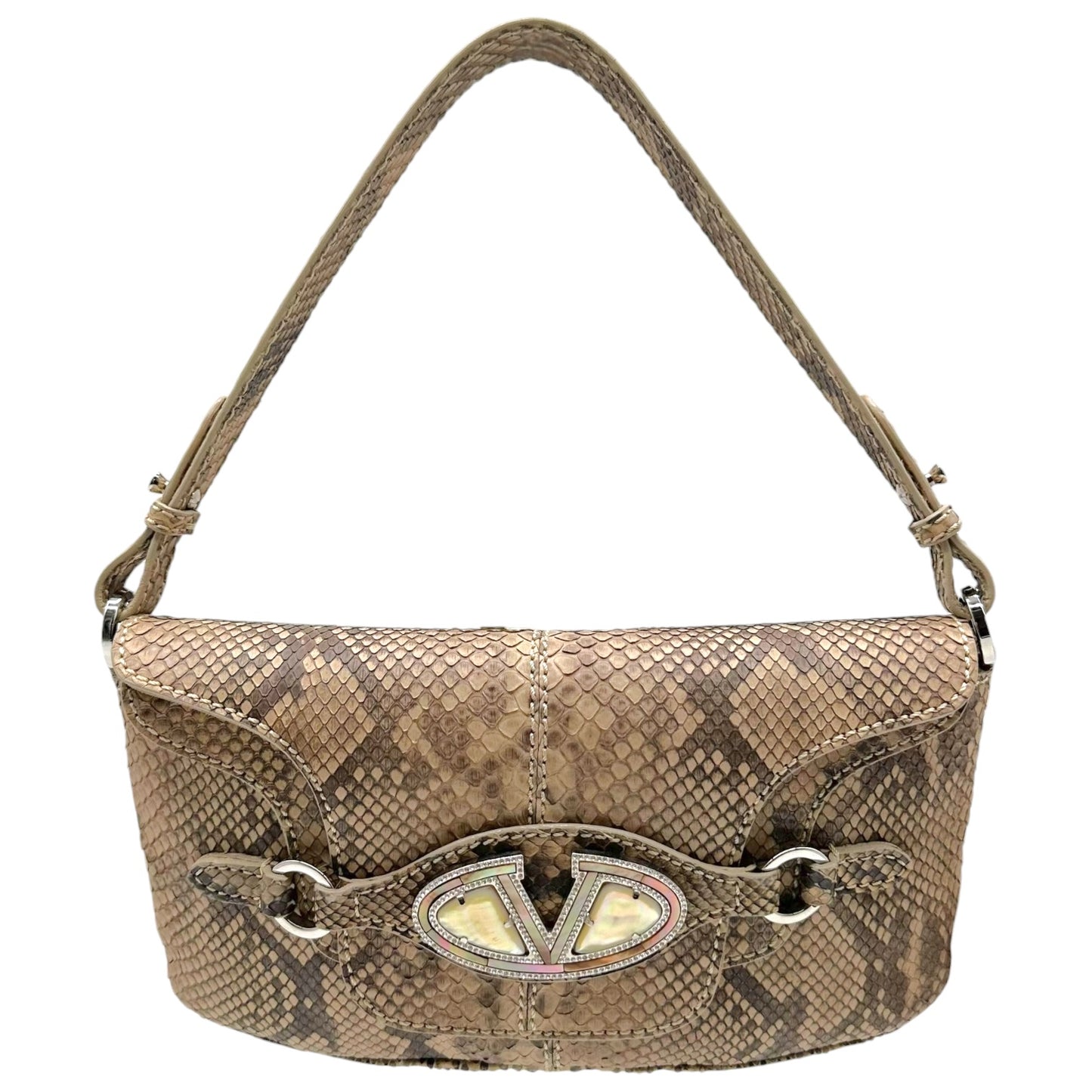 Valentino Garavani Light Brown Python & Rhinestone Mother of Pearl Embellished Shoulder Bag