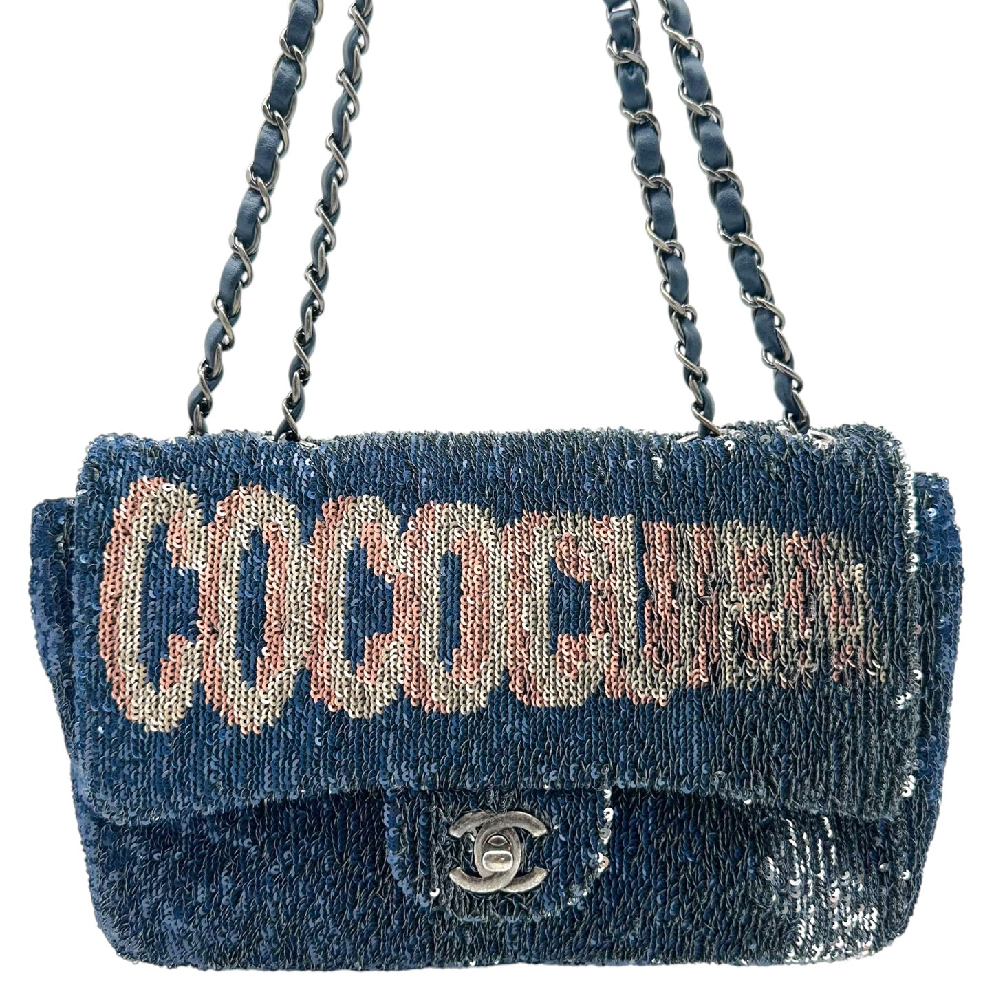 Chanel Medium Flap Bag Silver Blue Sequin Design