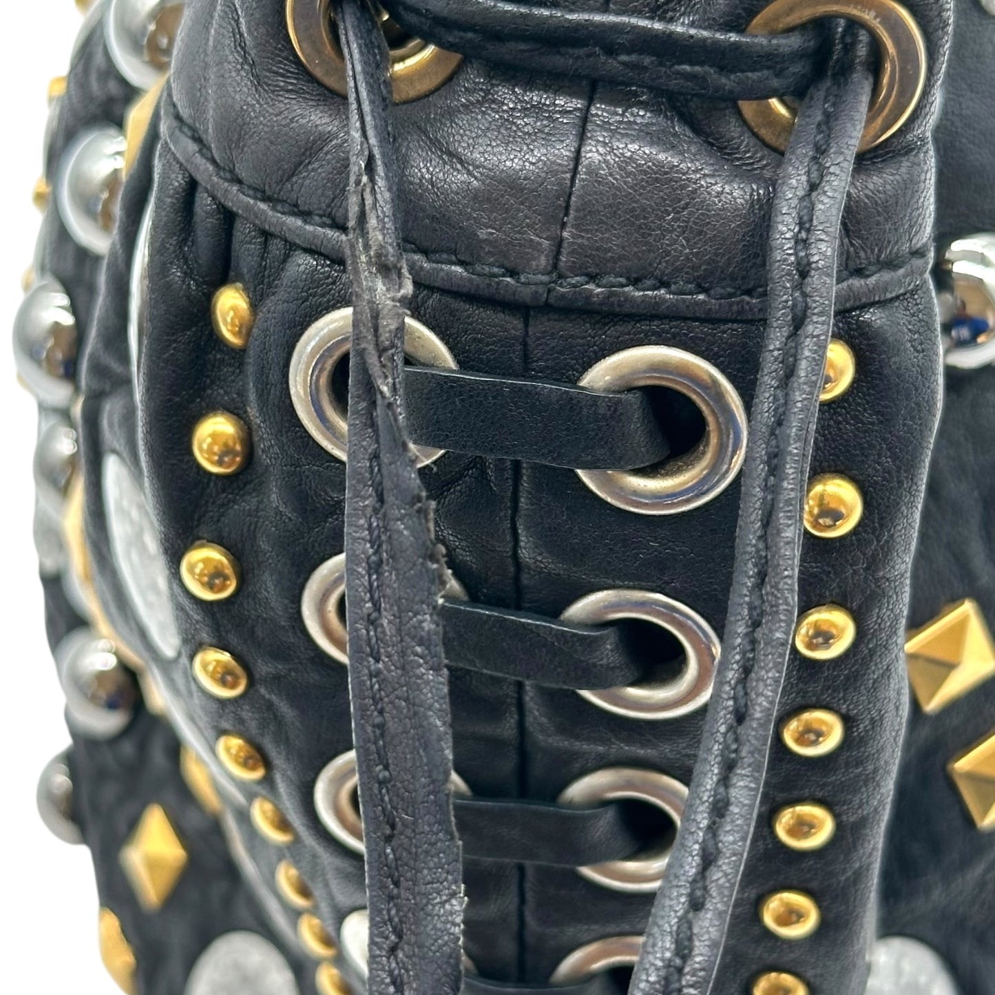 Miu Miu Silver & Gold Studded Mini Crossbody Bucket Bag - Outfit Repeater