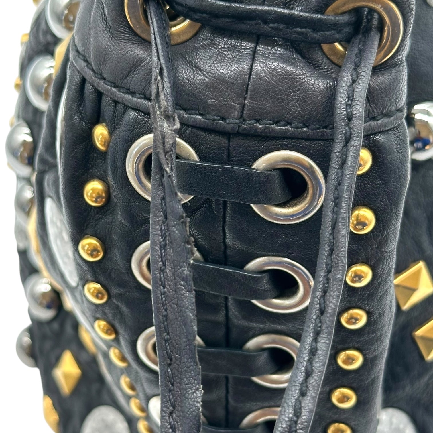 Miu Miu Silver & Gold Studded Mini Crossbody Bucket Bag - Outfit Repeater