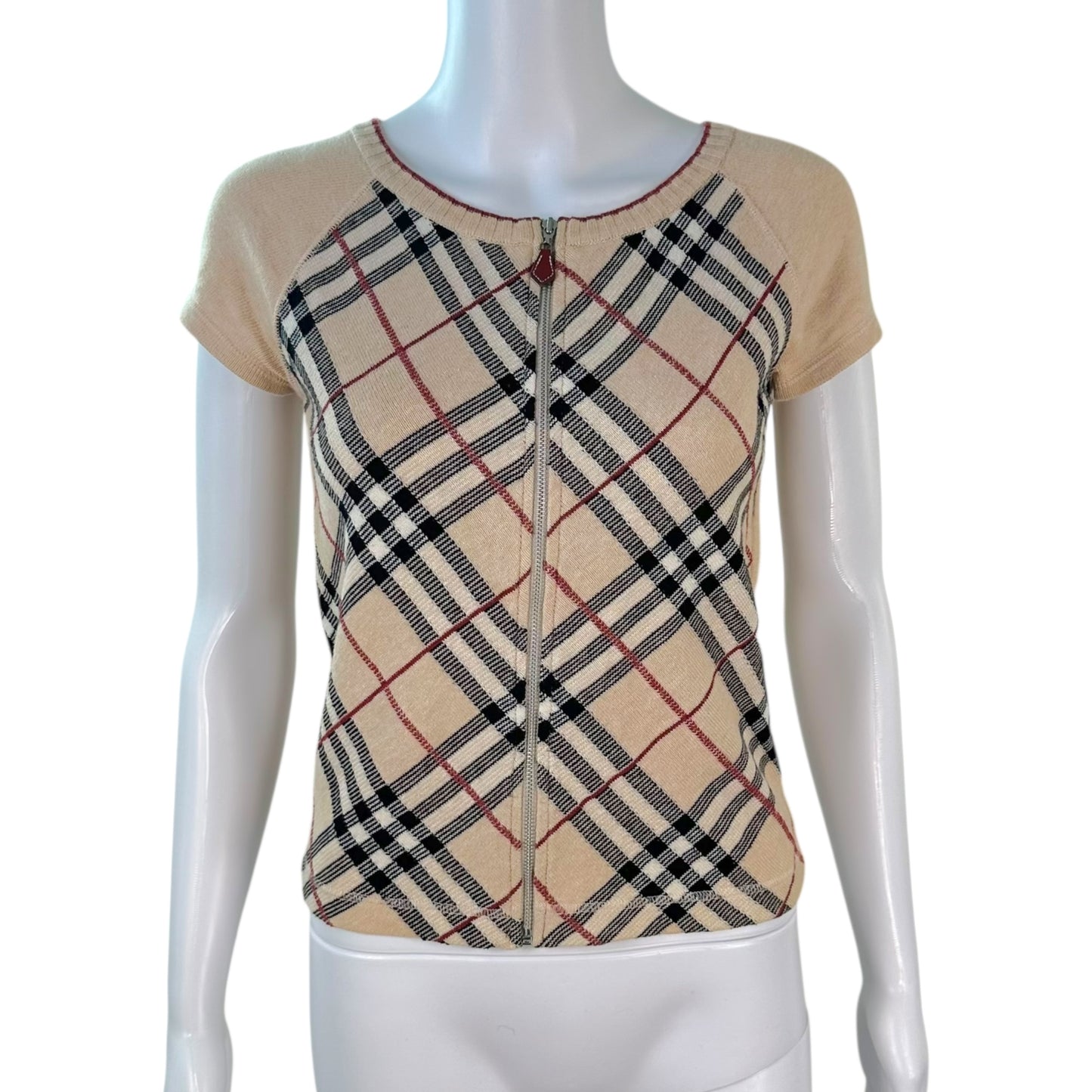 Burberry Blue Label Classic Nova Check Plaid Knit Zip Top