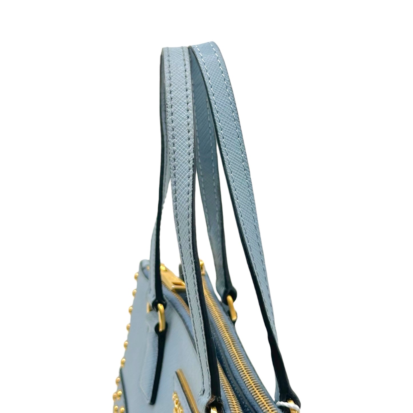 Prada Light Blue & Gold Studded Saffiano 2-Way Mini Tote Bag