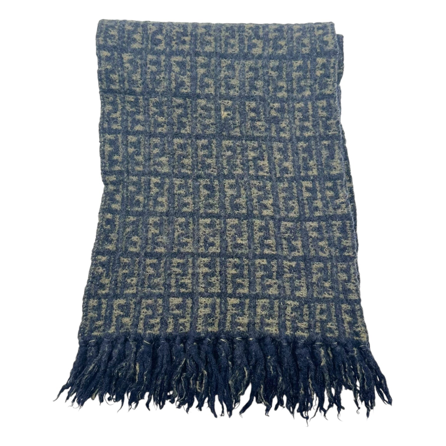 Fendi Navy Blue & Tan Zucca Monogram Wool Scarf - Outfit Repeater