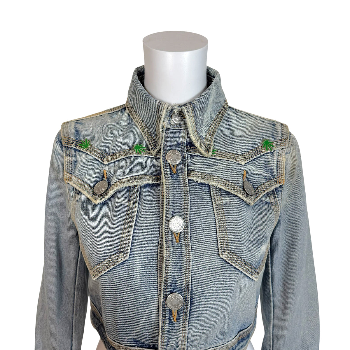 Dsquared2 Marijuana Charm Distressed Denim 3/4 Sleeve Crop Jacket