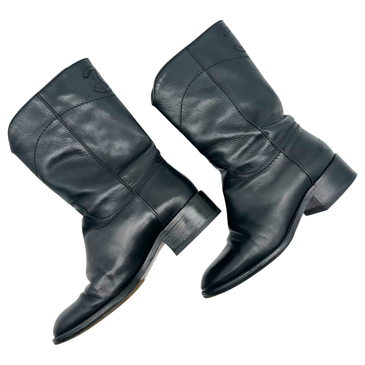 Chanel Black Leather Western Boots with CC Logo