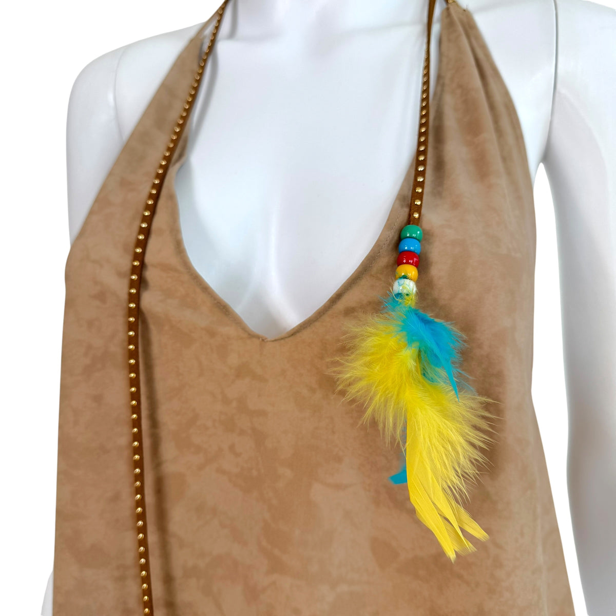 Dolce & Gabbana Halter Top Light Brown Suede Feather Embellished