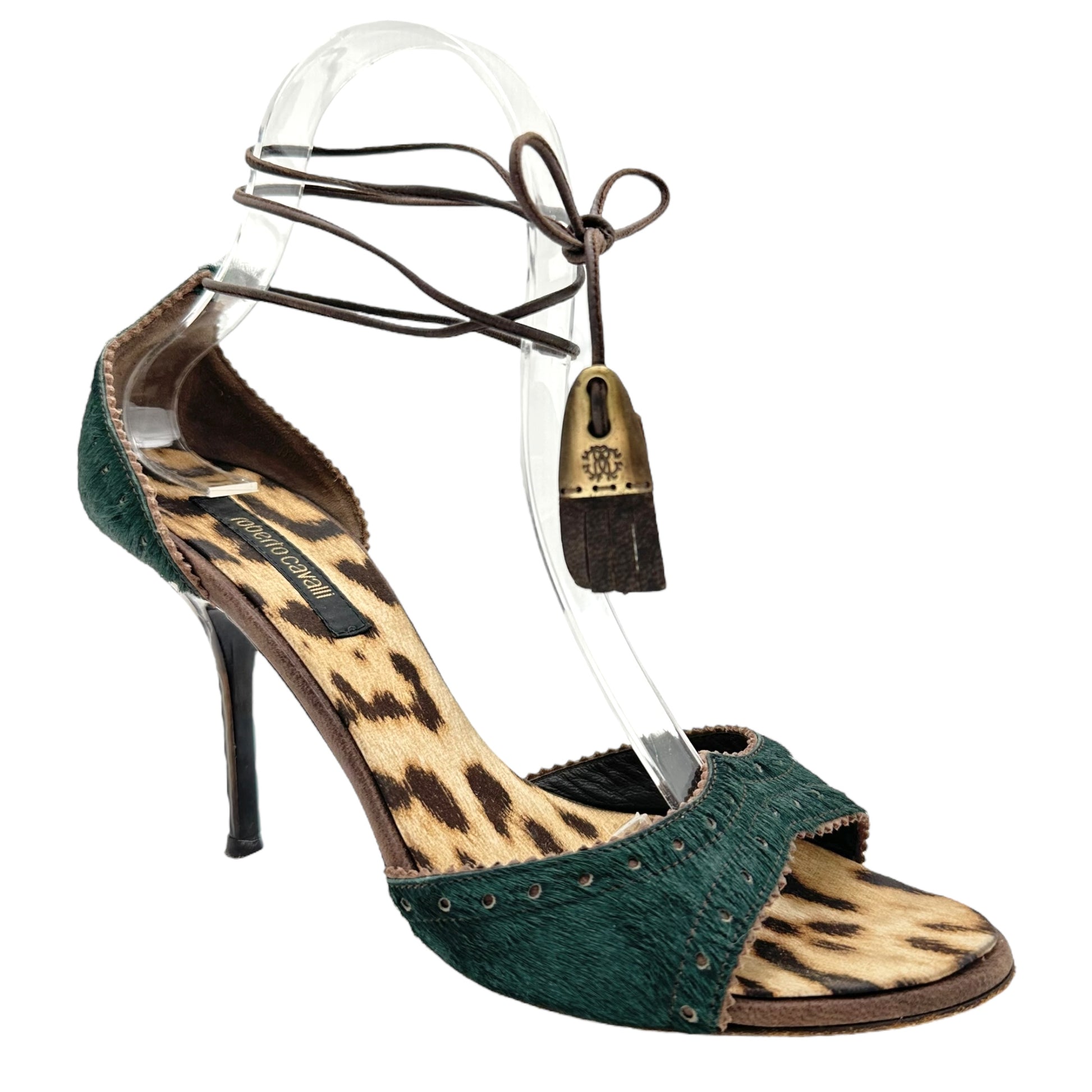 Roberto Cavalli Dark Green Ponyhair Wrap Heels - Outfit Repeater