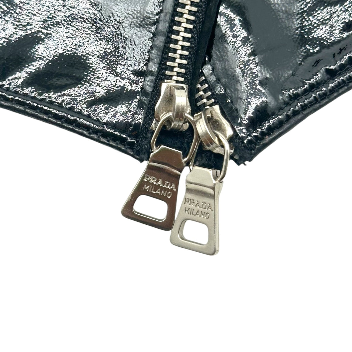 Prada Black Patent Leather Lambskin Zippered Gloves