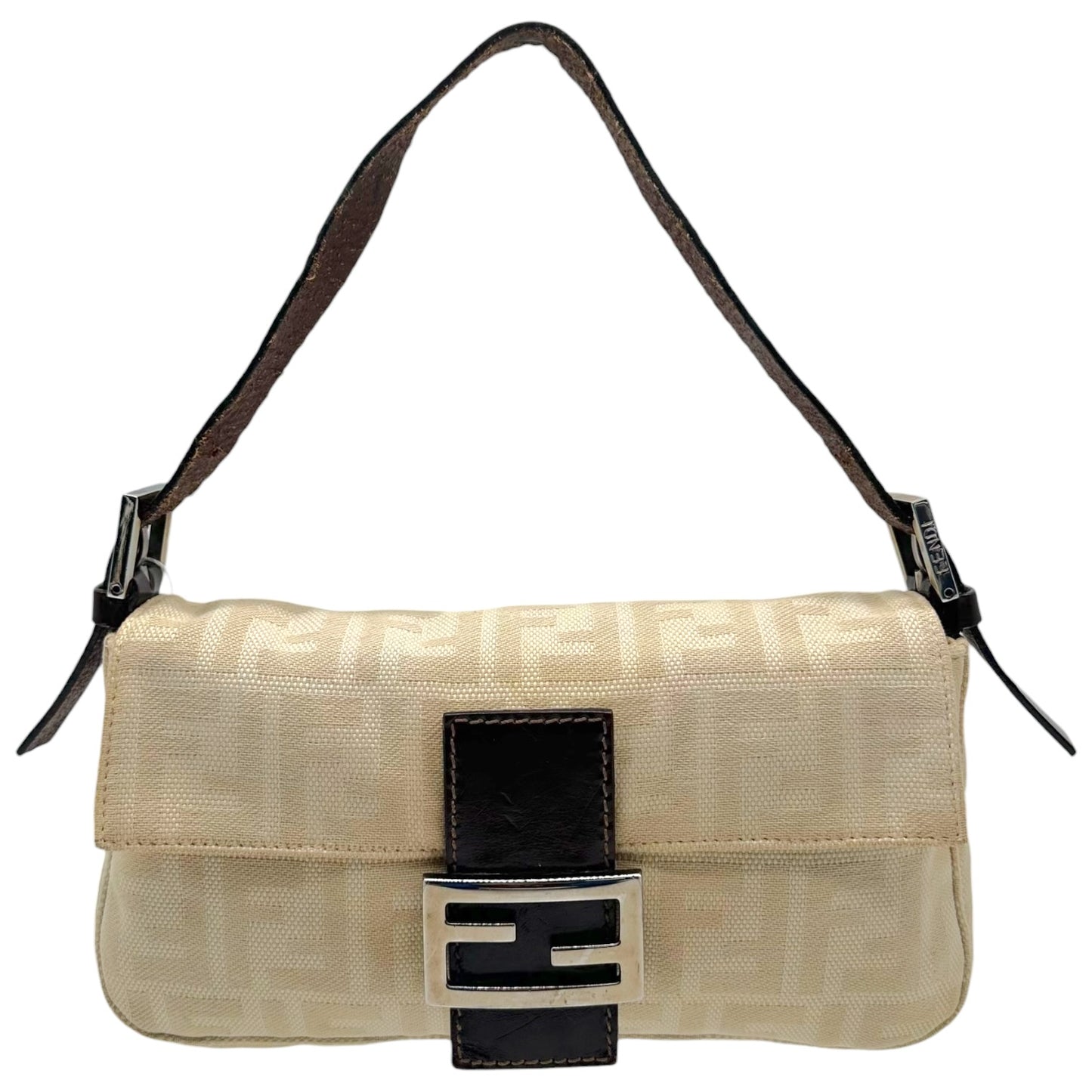 Fendi Ivory Zucca & Brown Leather Baguette Bag