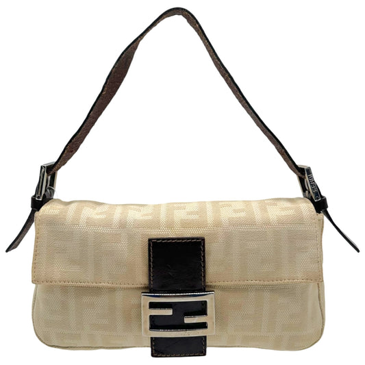 Fendi Ivory Zucca & Brown Leather Baguette Bag