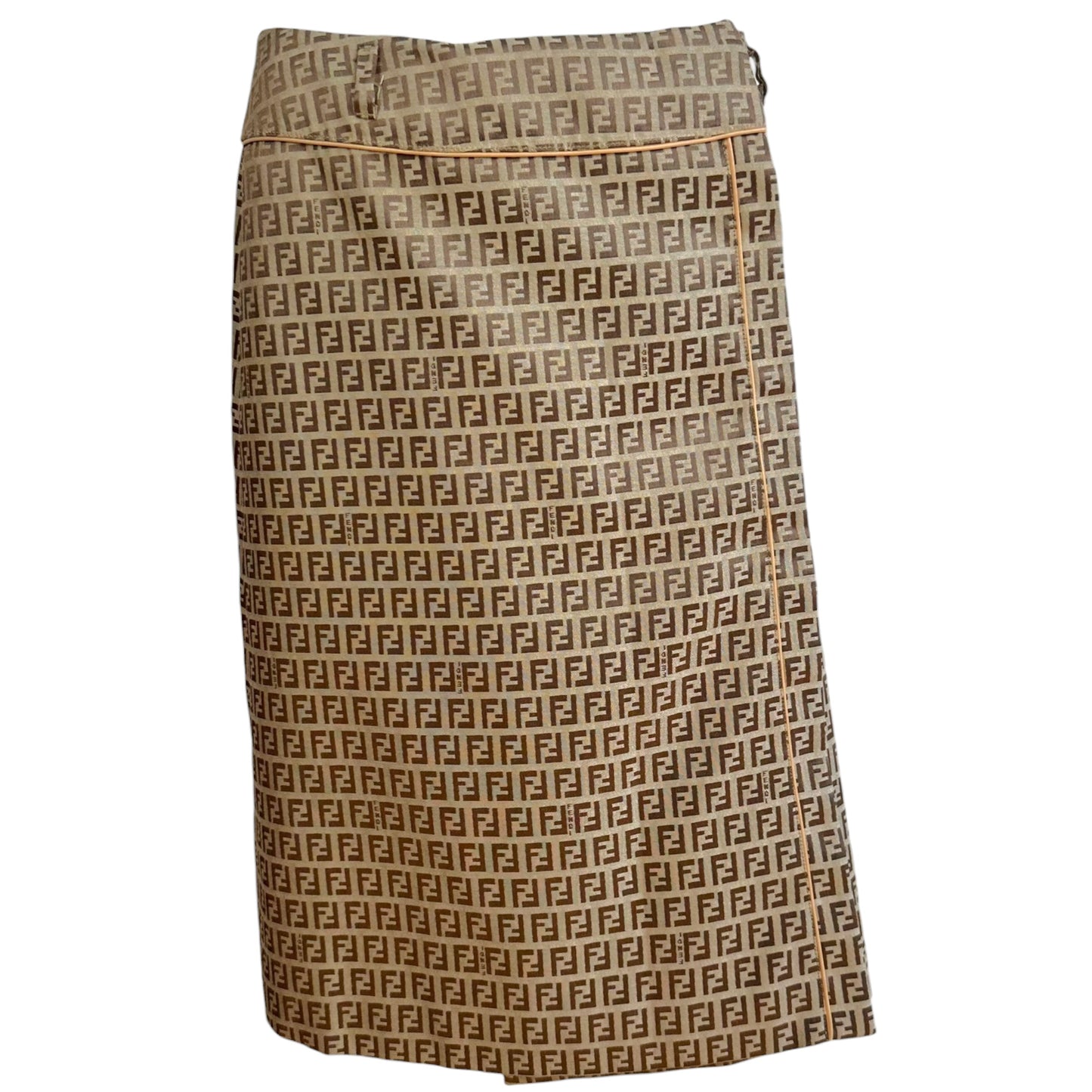 Fendi Tan Zucchino Monogram Leather Trim Midi Wrap Skirt