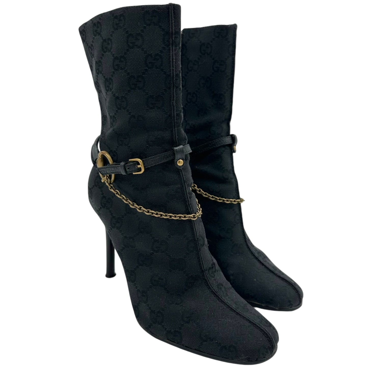 Gucci Black Monogram Heeled Booties - Outfit Repeater