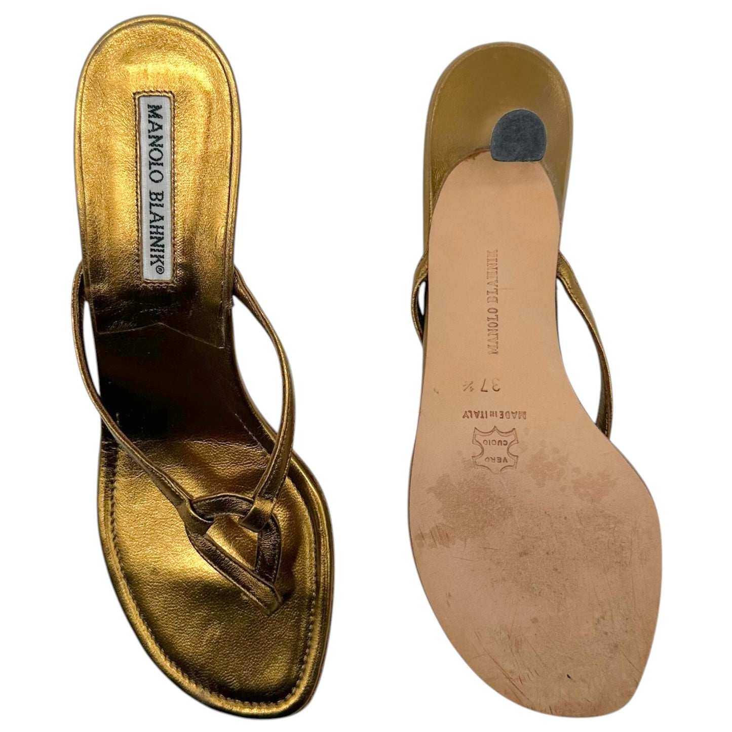 Manolo Blahnik Bronze Leather Kitten Heel Flip Flops