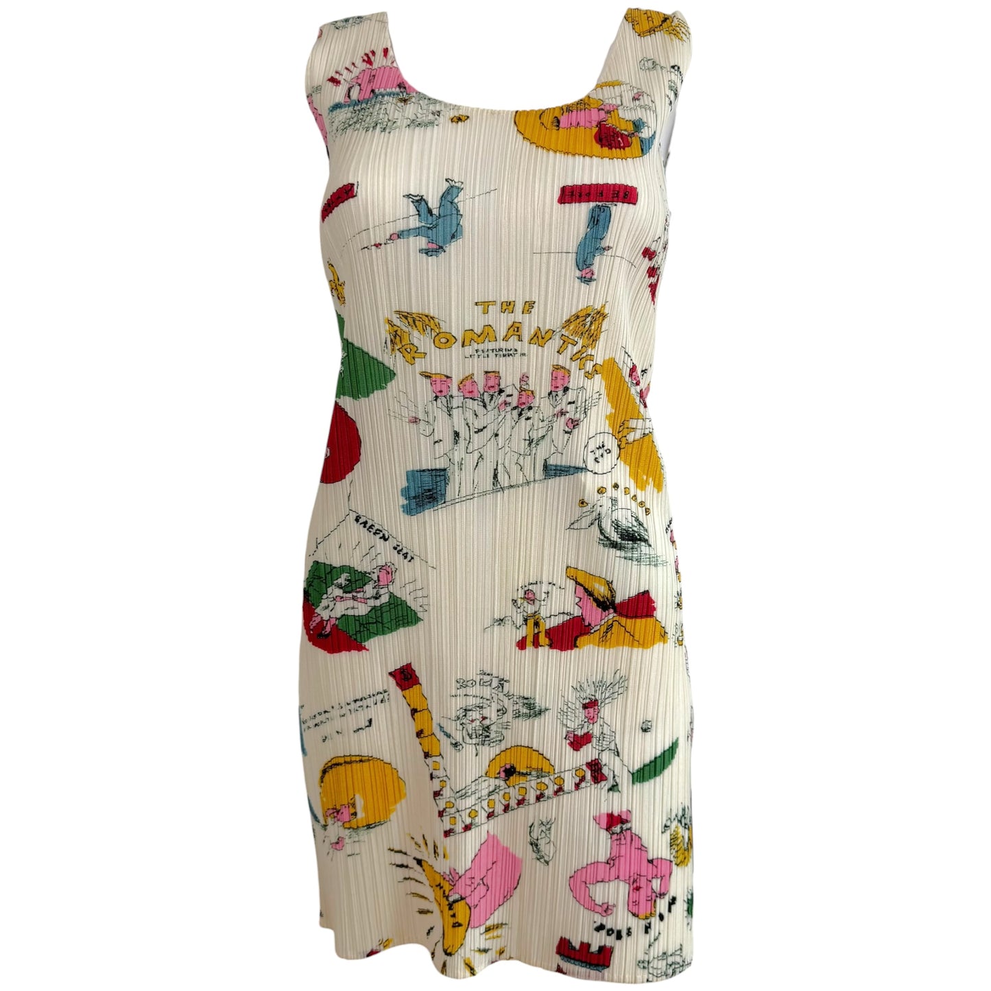 Issey Miyake Pleats Please x Terry Johnson White Multicolor Doodle Print Pleated Mini Dress Sz 4