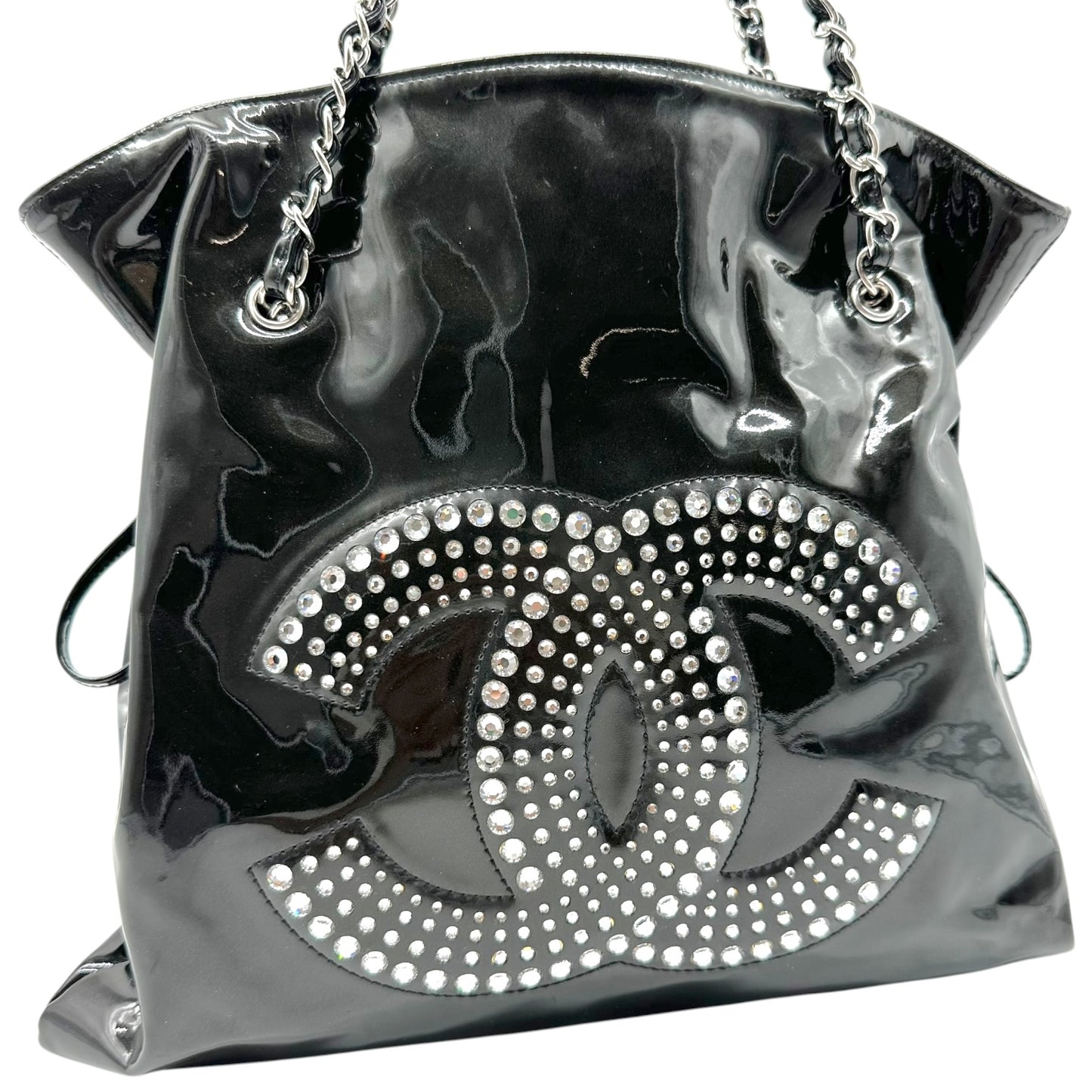 Chanel Black Patent Leather & Rhinestone CC Logo Shoulder Bag 2009-10