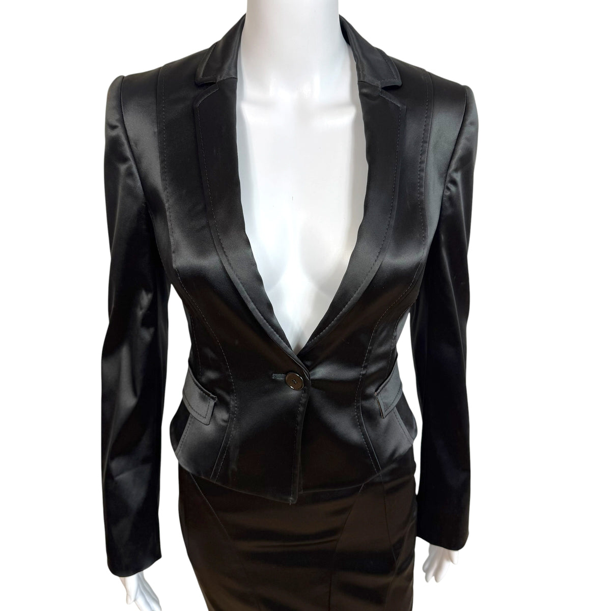 Dolce & Gabbana Black Satin Cropped Blazer Midi Skirt Suit