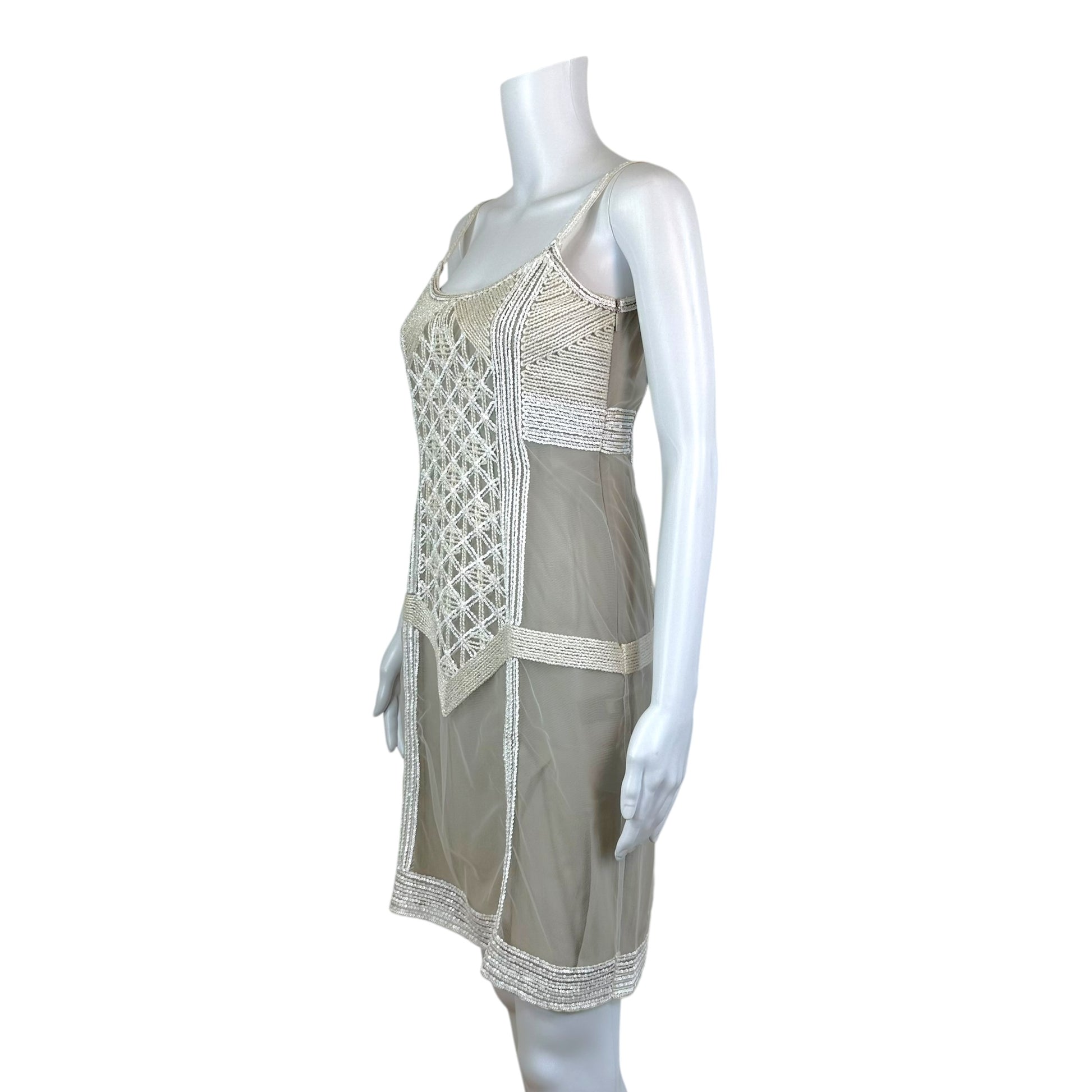 Fendi Beaded Mesh Mini Dress Beige Ivory Thin Straps