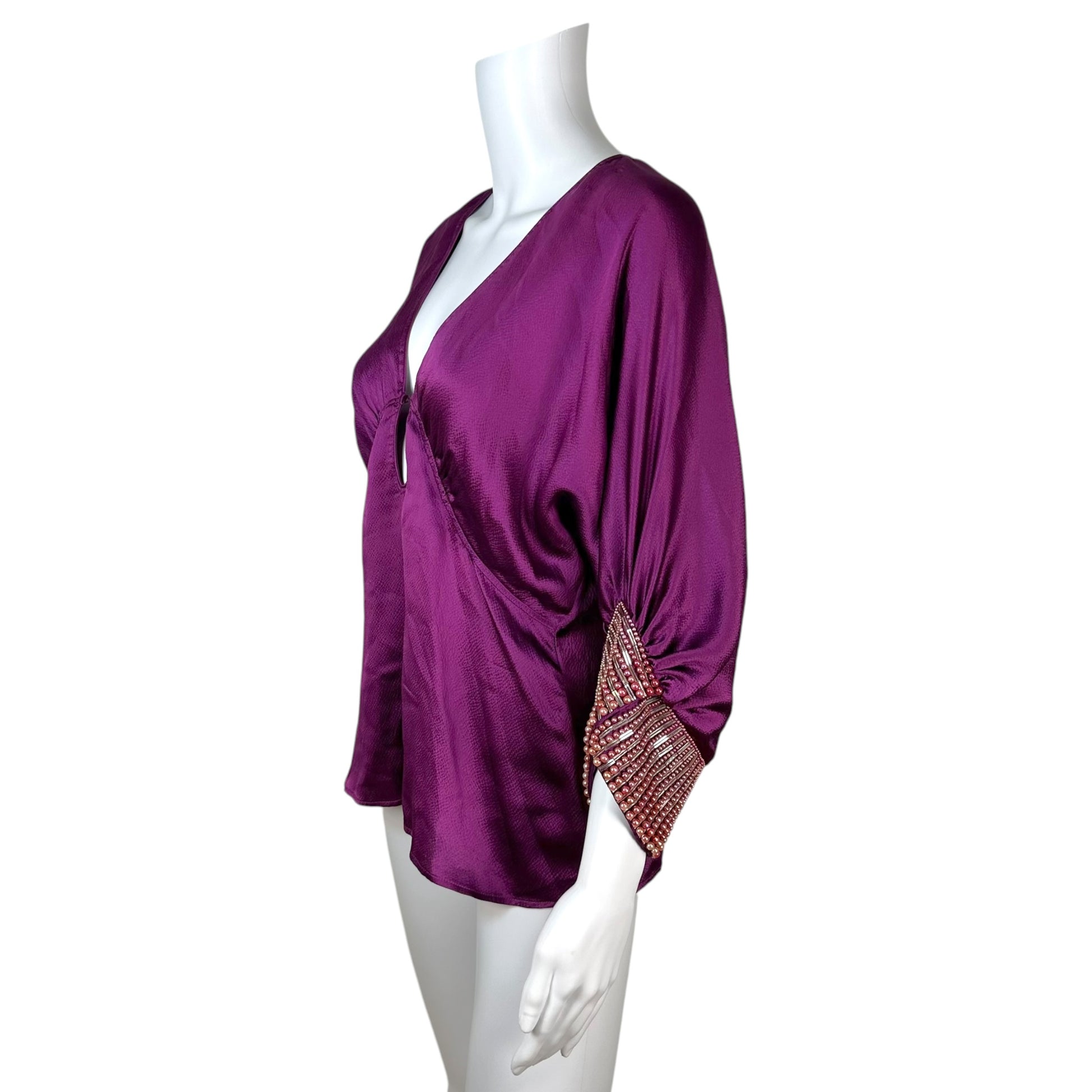 Roberto Cavalli Dolman Blouse Purple Silk Beaded Sleeve