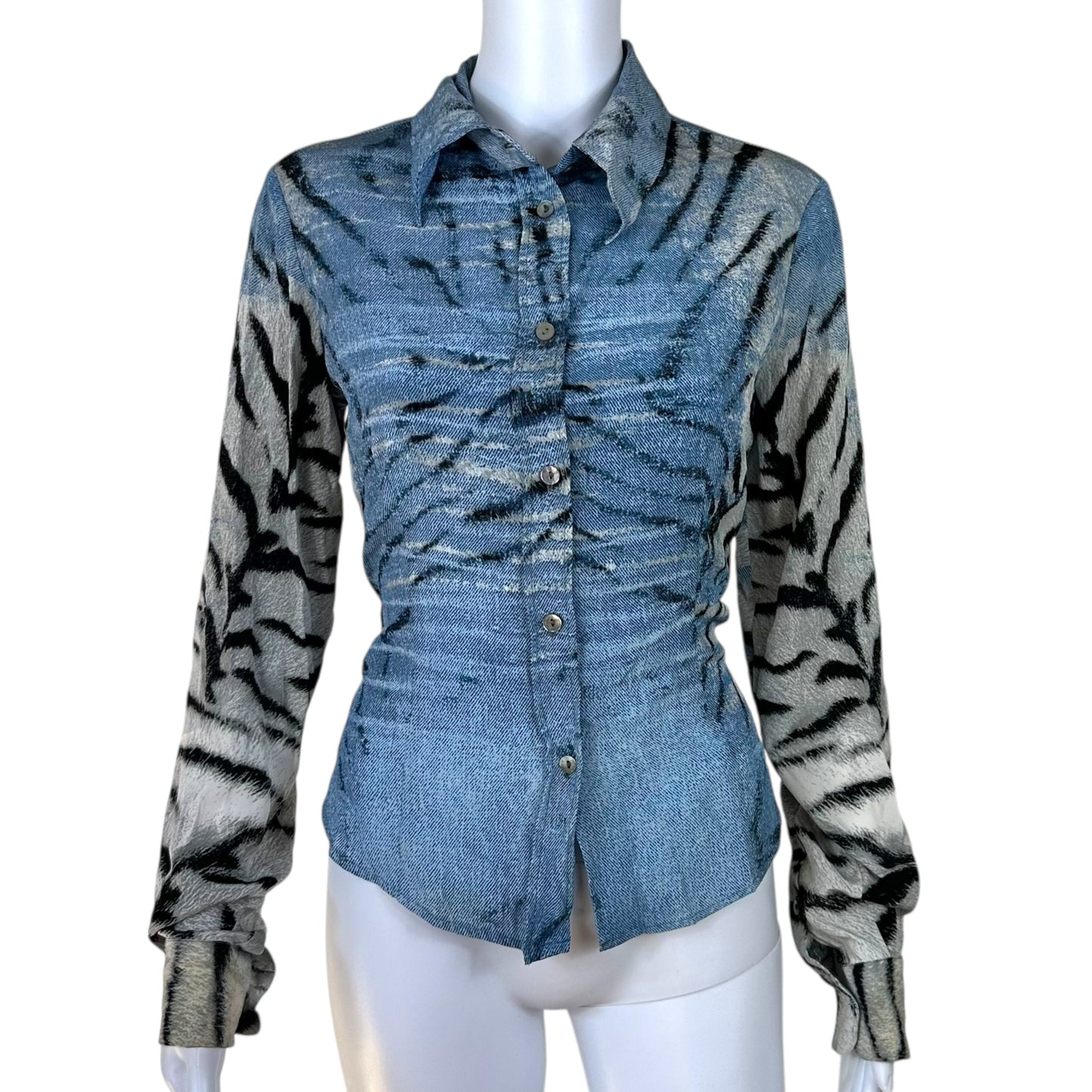 Just Cavalli Roberto Cavalli Blue Tiger Print Blouse