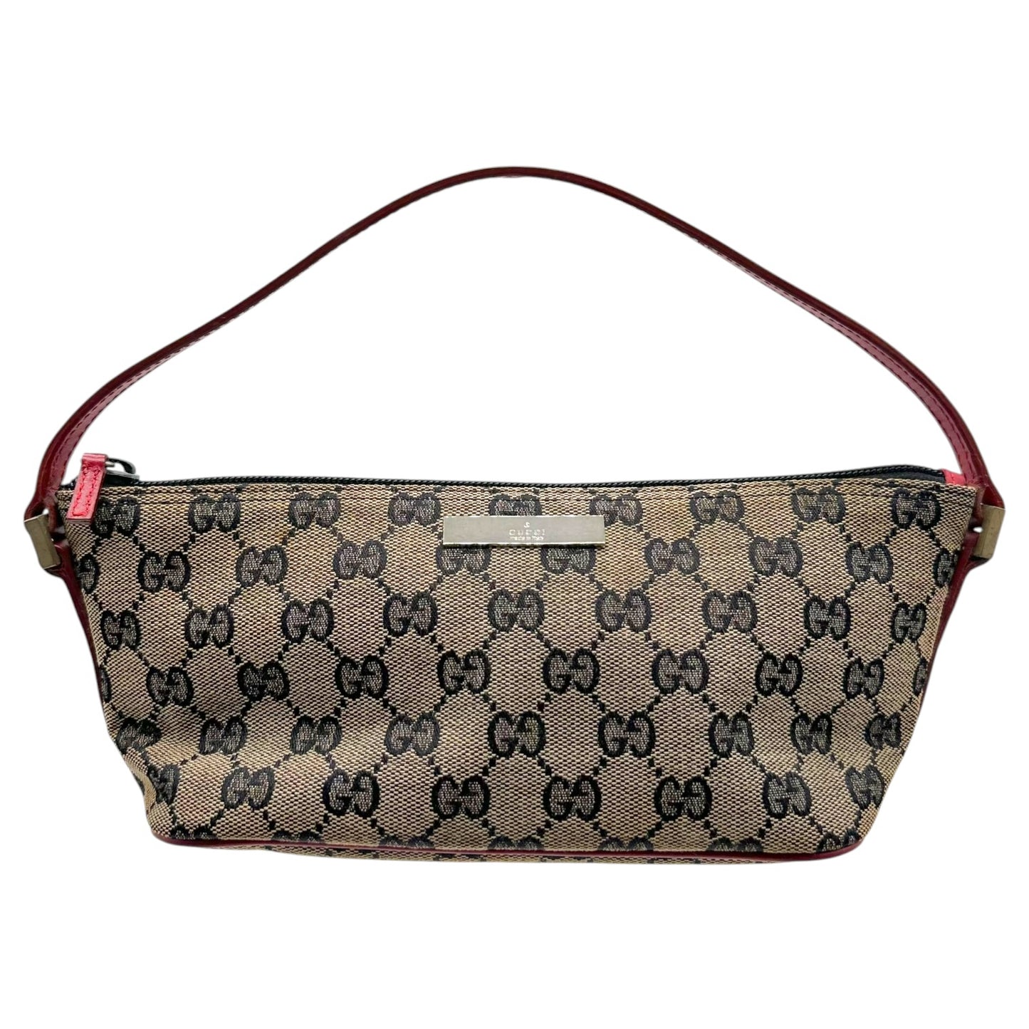 Gucci Red Leather Gray Monogram Boat Pochette Bag