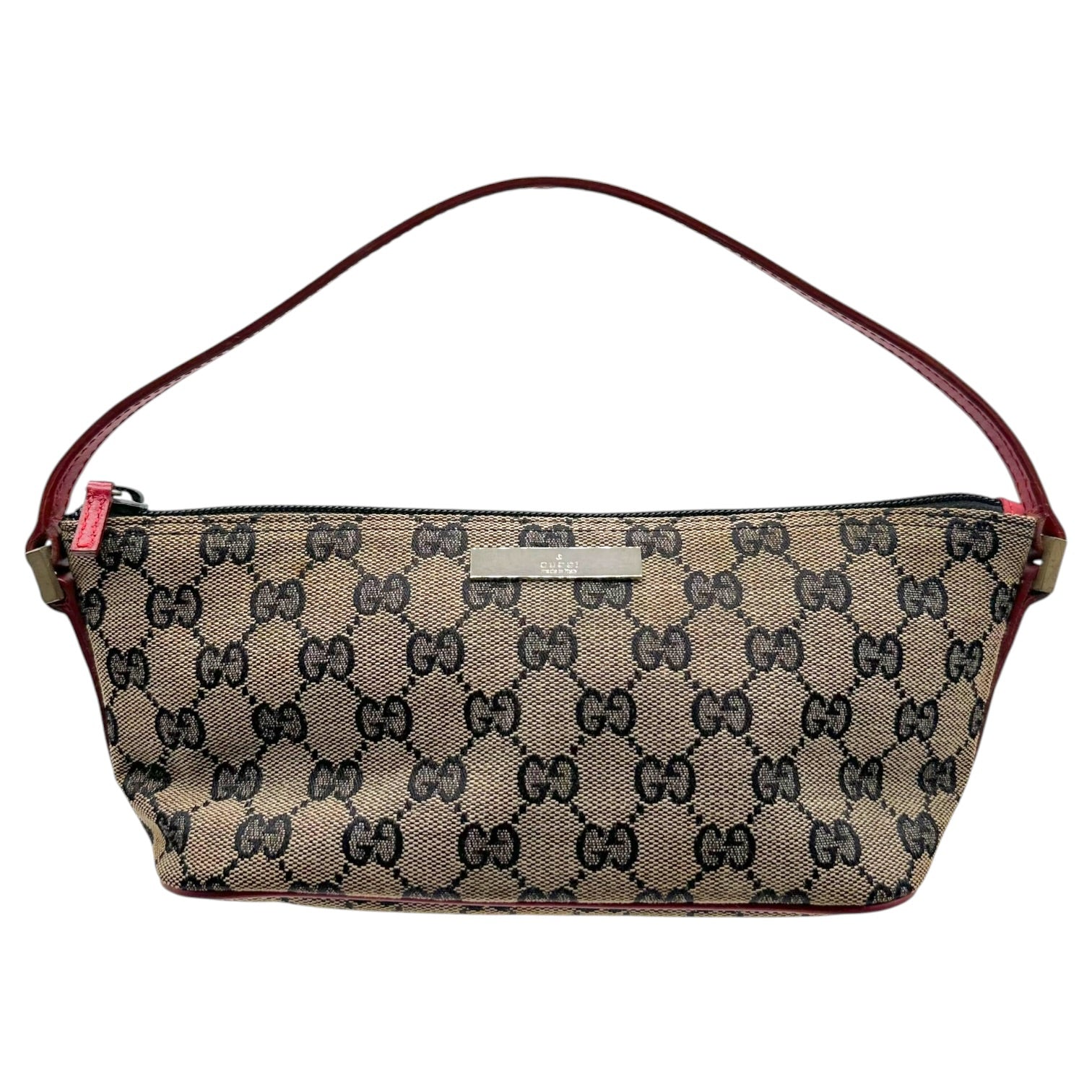 Gucci Red Leather Gray Monogram Boat Pochette Bag