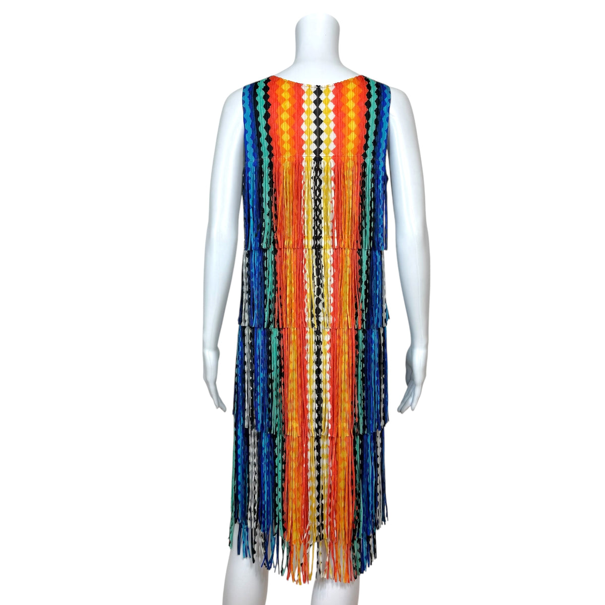 Issey Miyake Pleats Please Multicolor Diamond Print Fringe Trim Midi Dress Sz 3