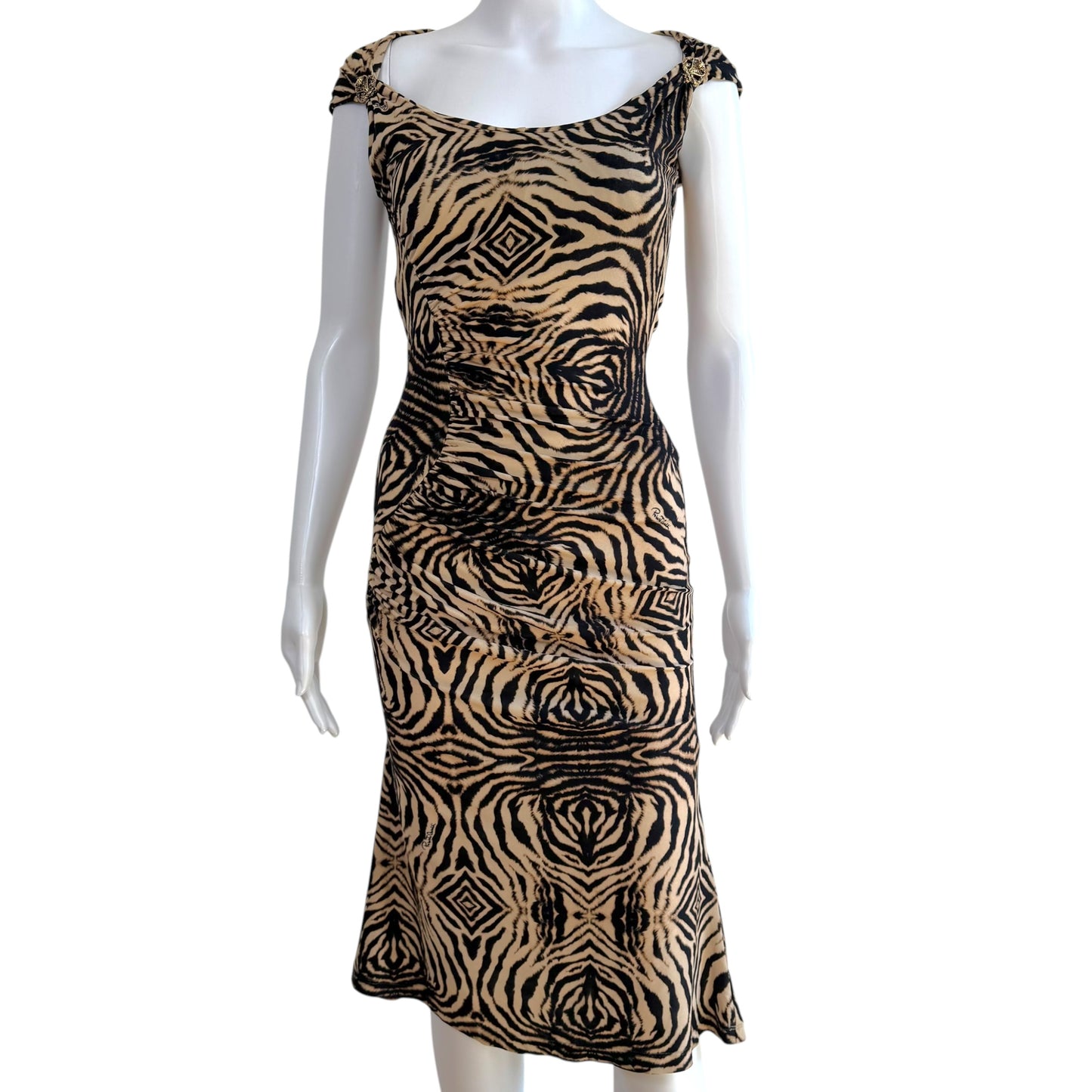Roberto Cavalli 2006 Tan & Black Zebra Print Midi Dress