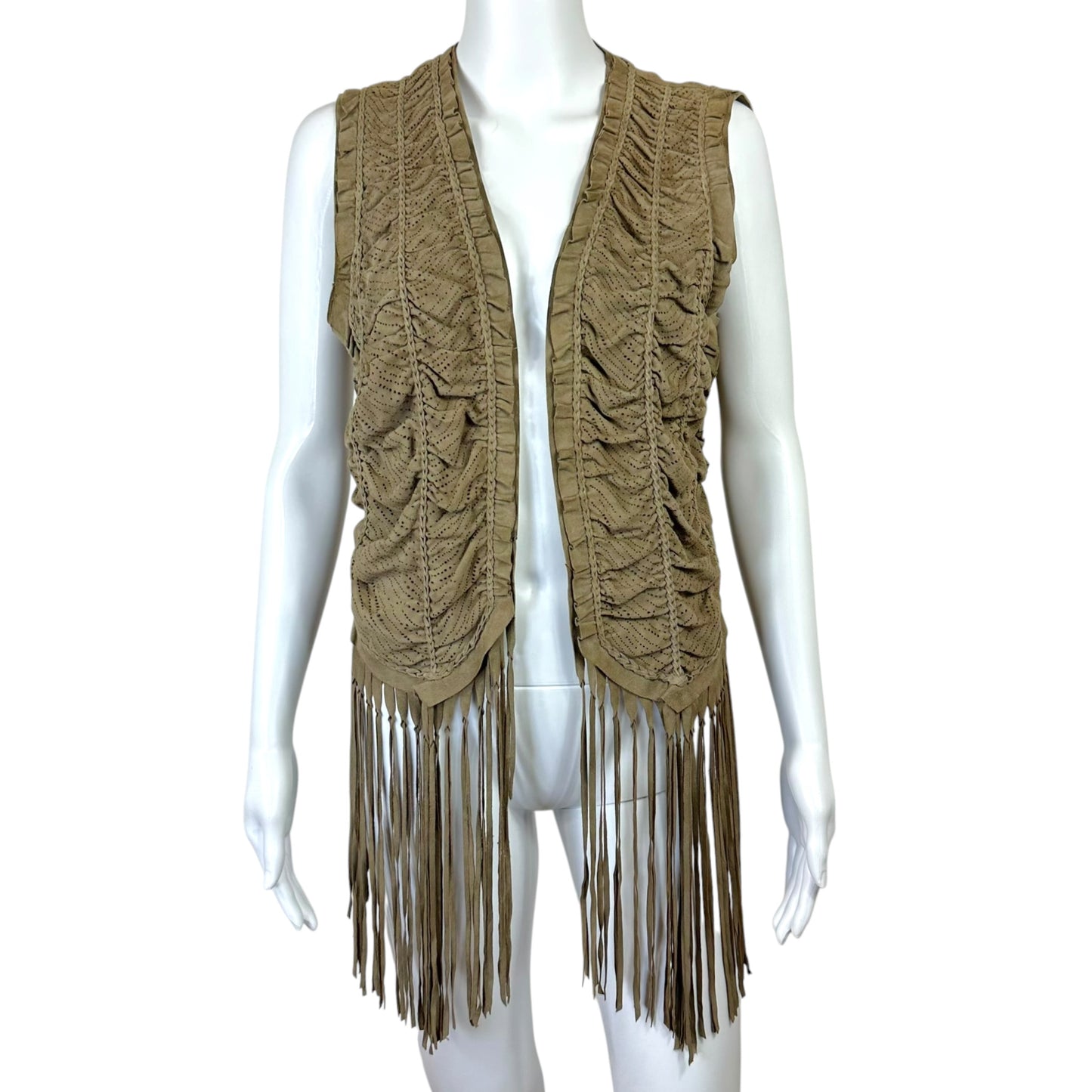 Roberto Cavalli Brown Perforated Suede Fringe Trim Cropped Vest
