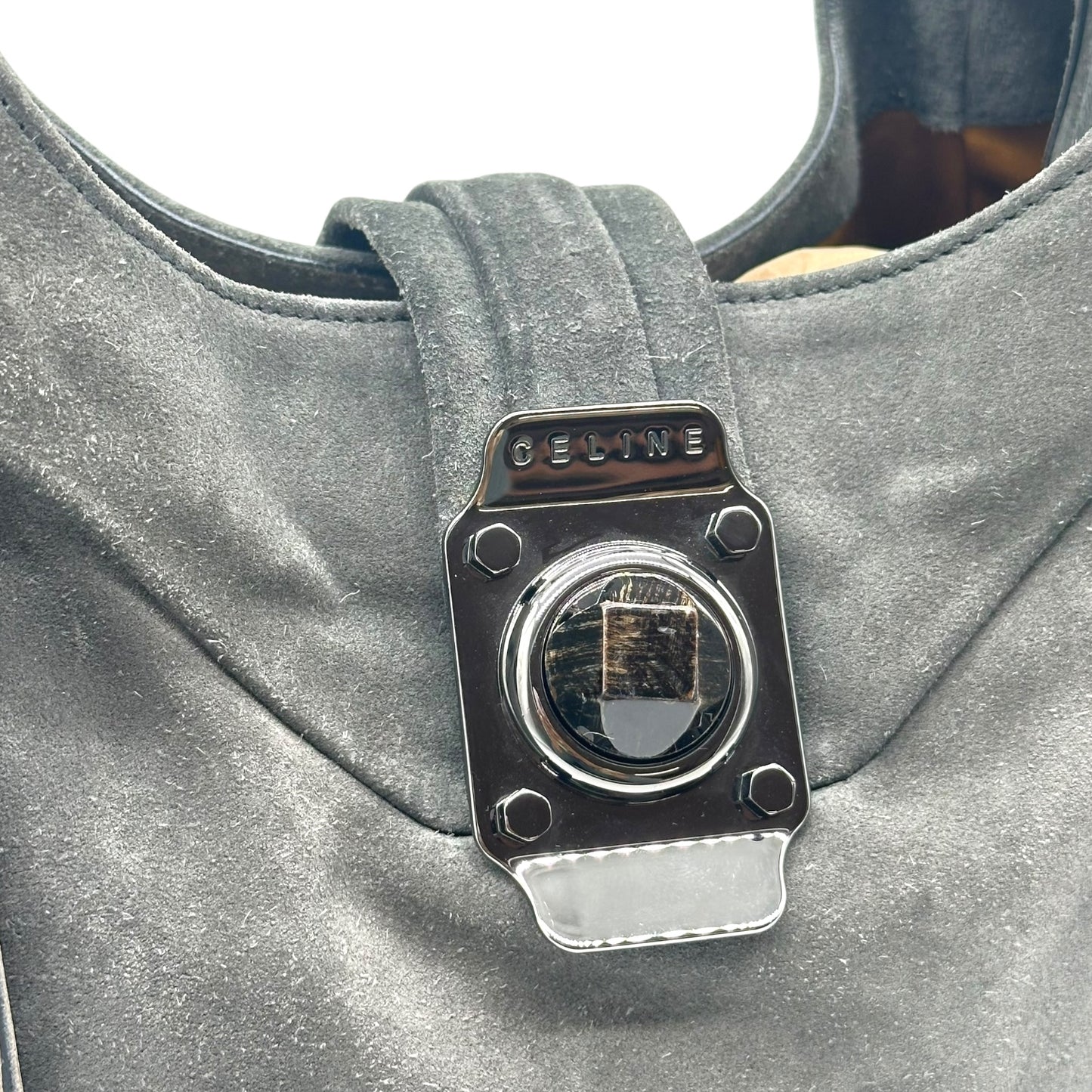 Celine Dark Gray Suede Fringe Trim Hobo Bag