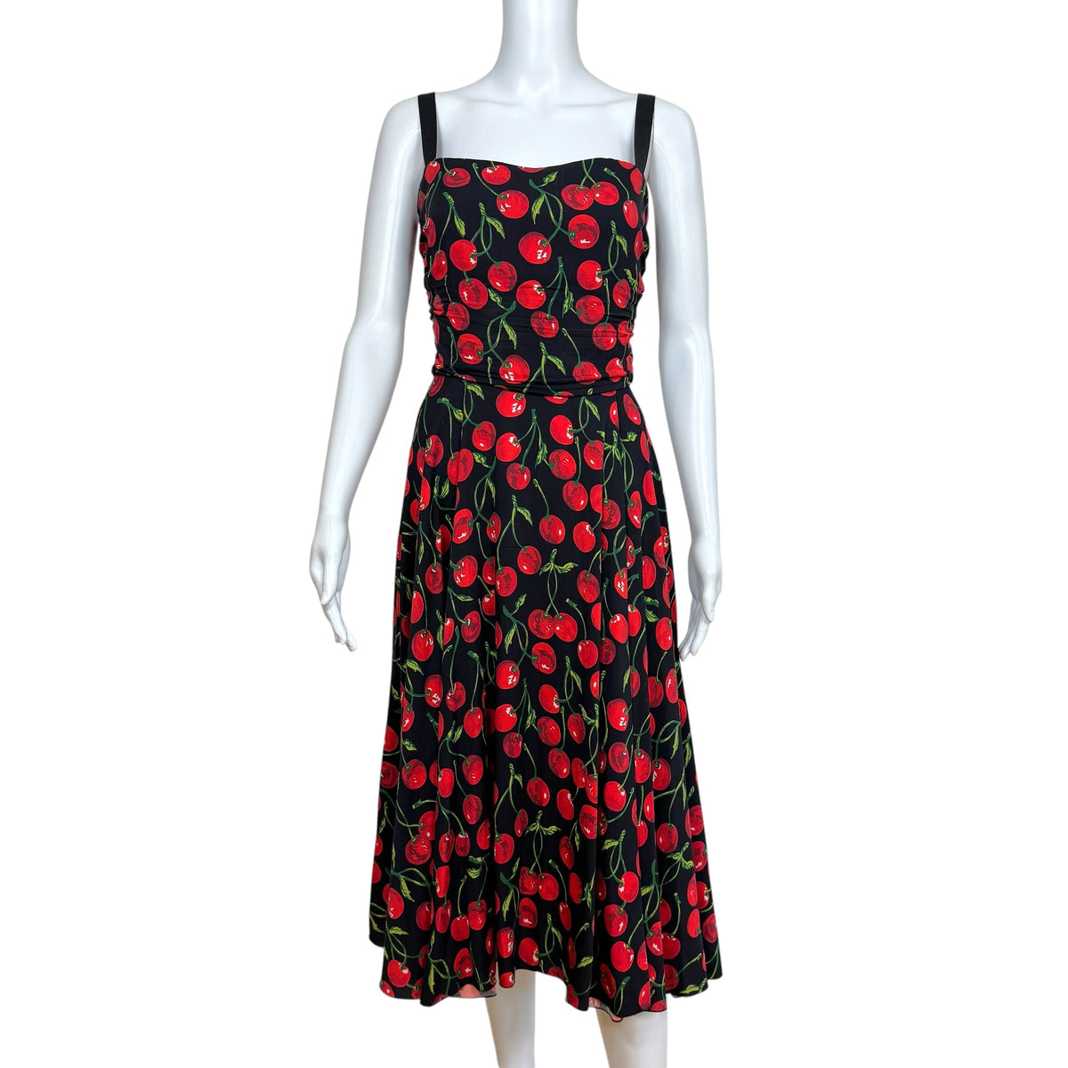 Dolce & Gabbana Black Red Cherry Print Silk Midi Dress