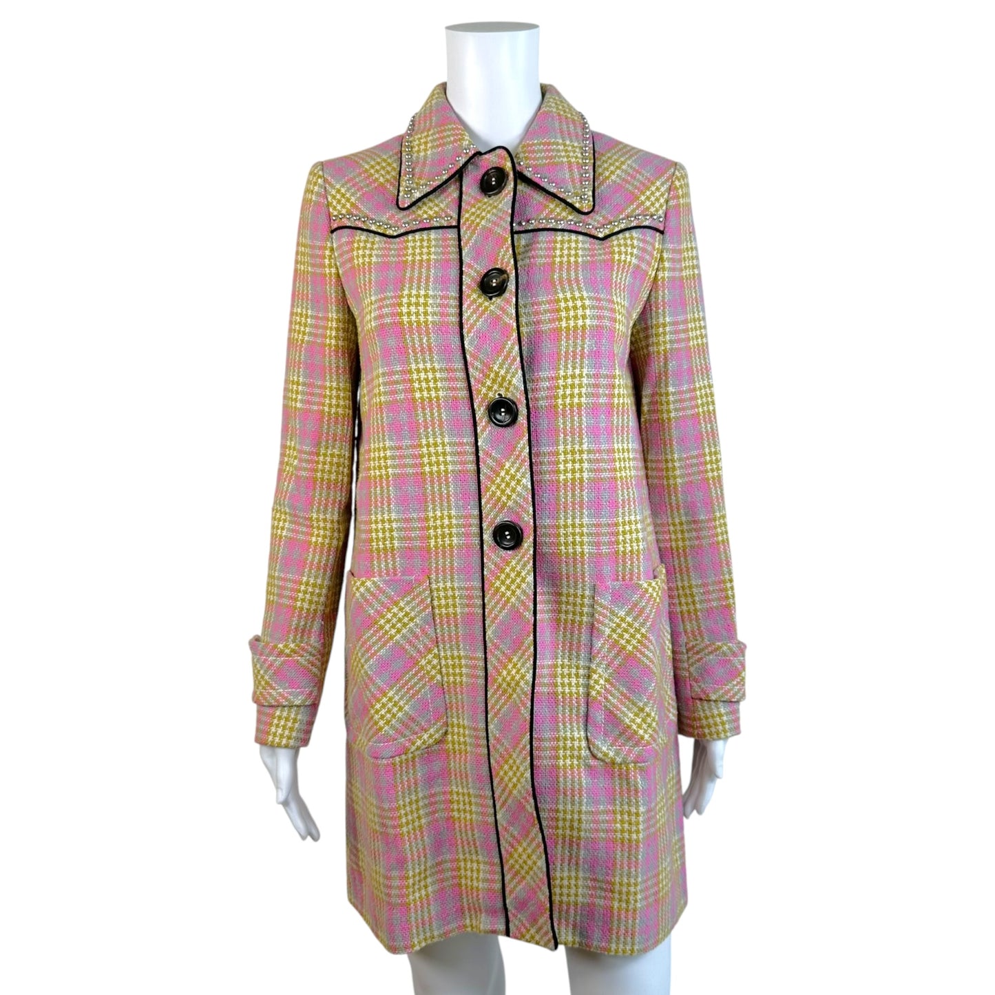 Miu Miu Pink Yellow Plaid Tweed Coat with Studs