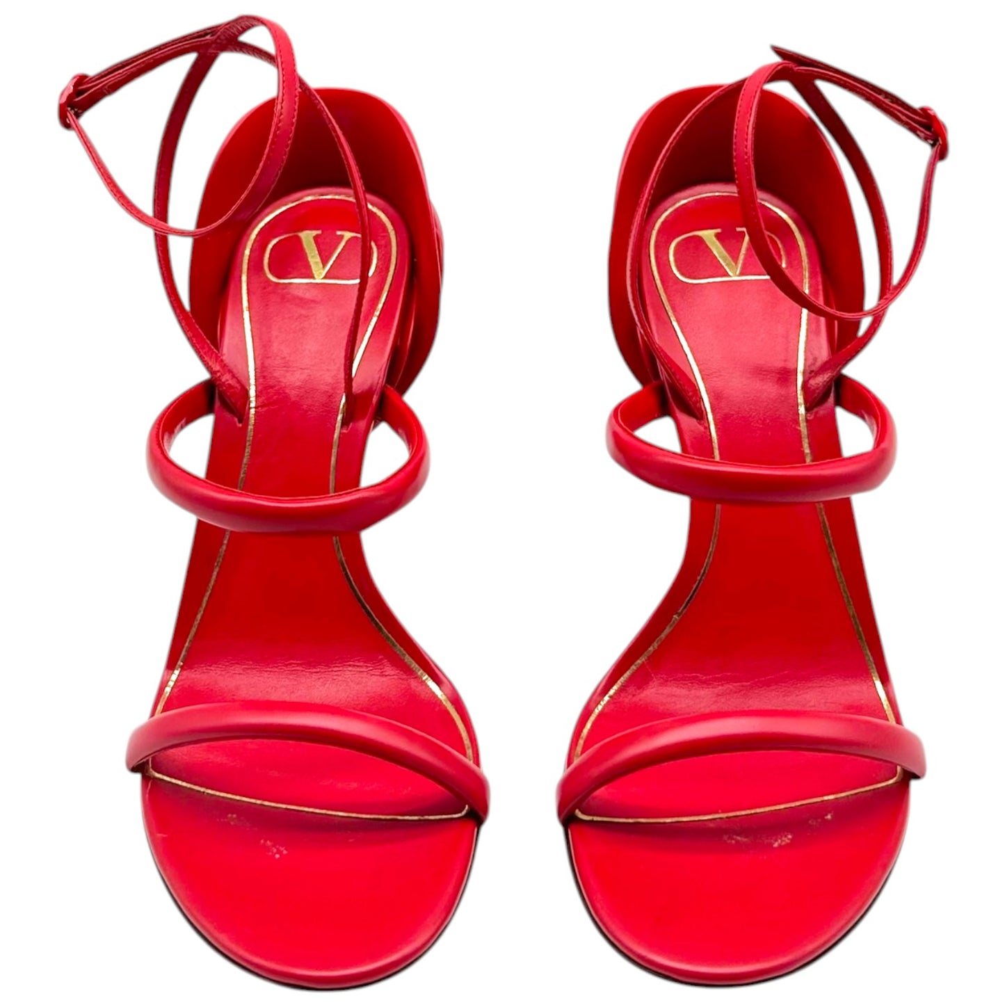 Valentino Garavani Red Leather Flower Heel Strappy Sandal Pumps