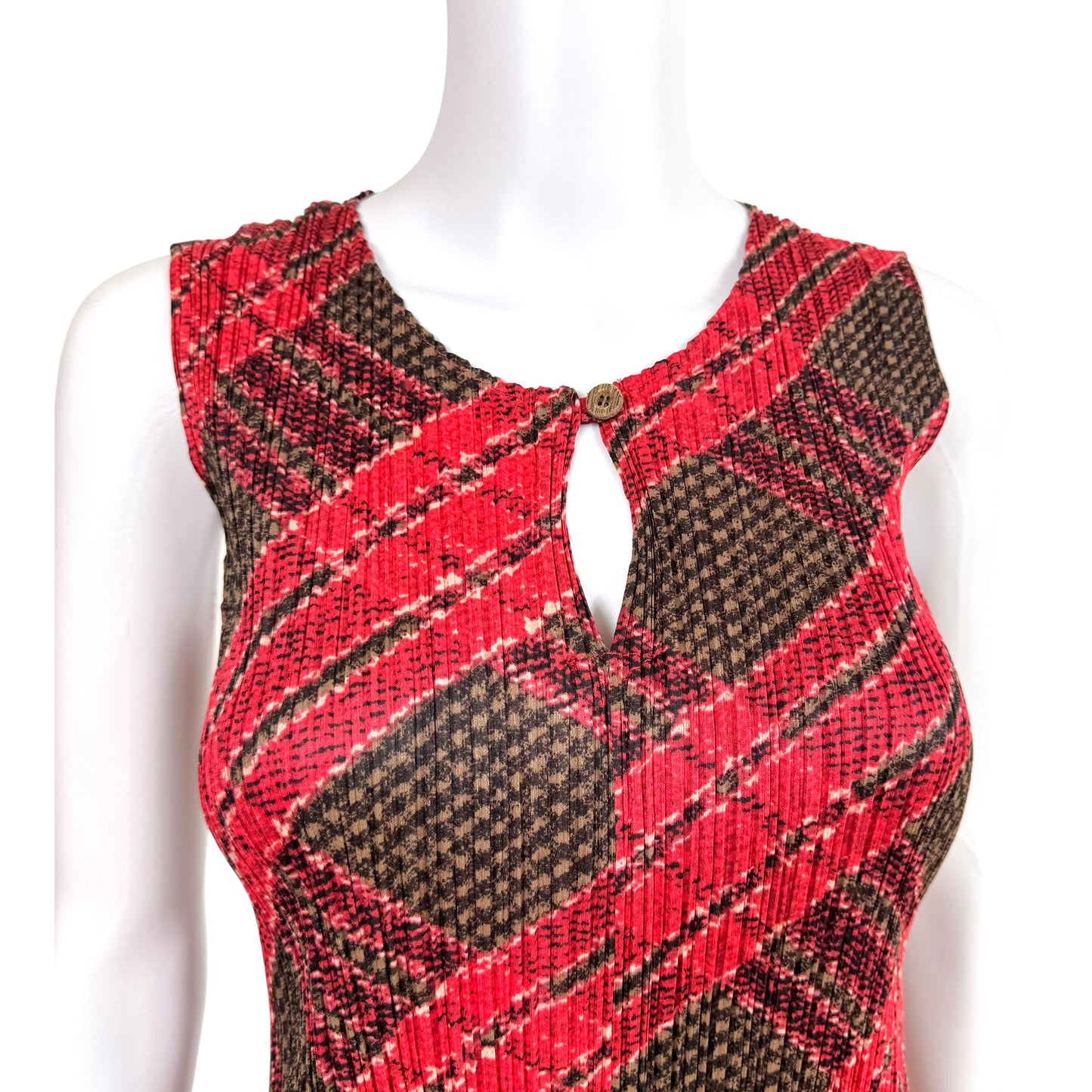 Issey Miyake Pleats Please Red & Gray Plaid Print Pleated Mini Dress Sz 3