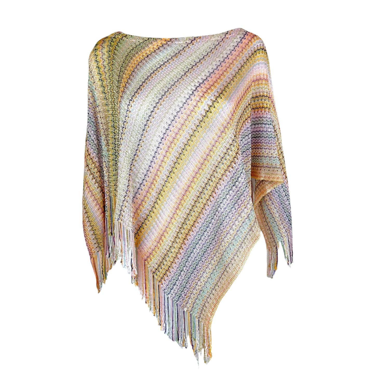 Missoni Multicolor Chevron Knit Poncho with Fringe Trim