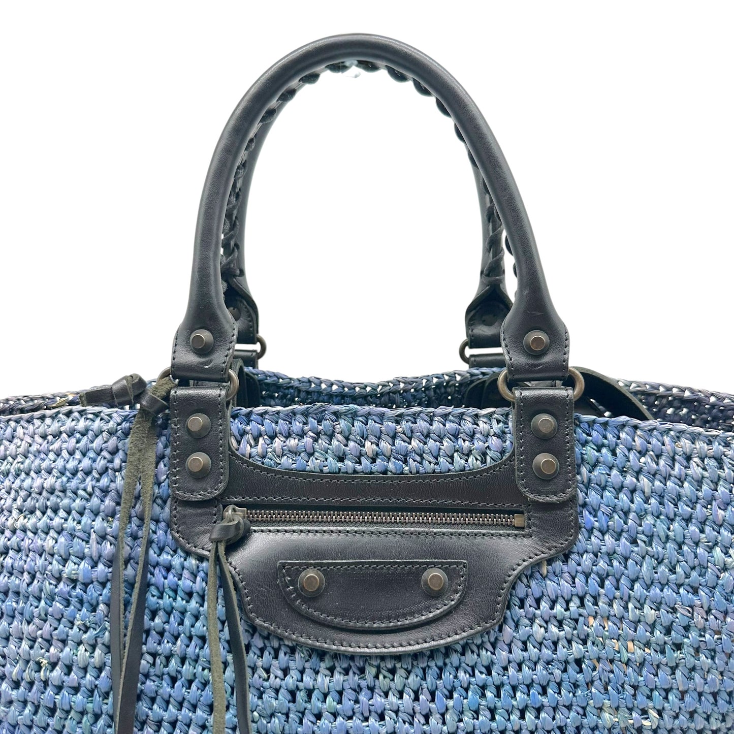 Balenciaga Large 2-Way City Beach Bag Blue Raffia Black Leather