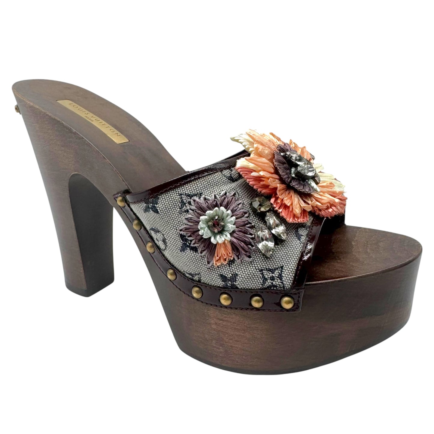 Louis Vuitton Lin Monogram & Sequin Raffia Flower Wooden Platform Heel Mules