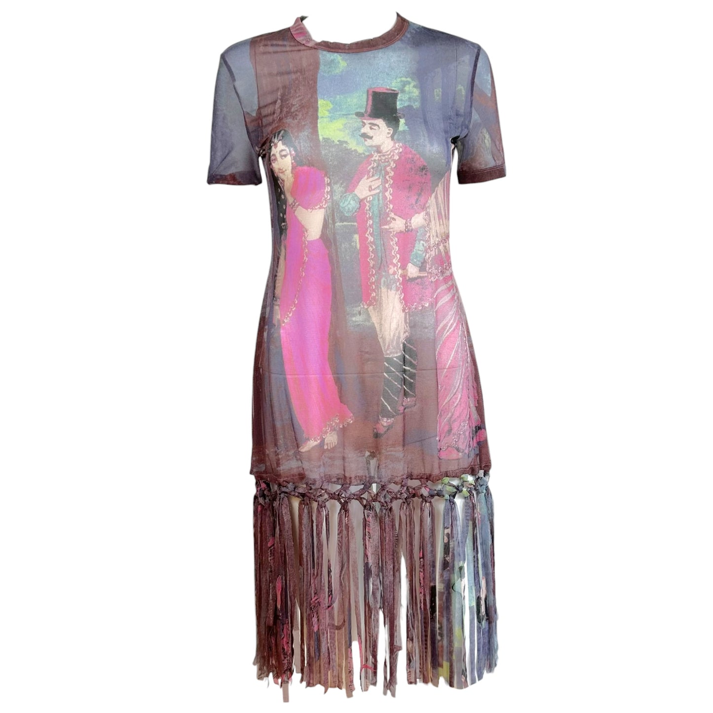 Jean Paul Gaultier Purple Multicolor People Print Fringe Trim Mesh Mini Dress