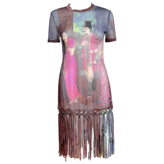 Jean Paul Gaultier Purple Multicolor People Print Fringe Trim Mesh Mini Dress