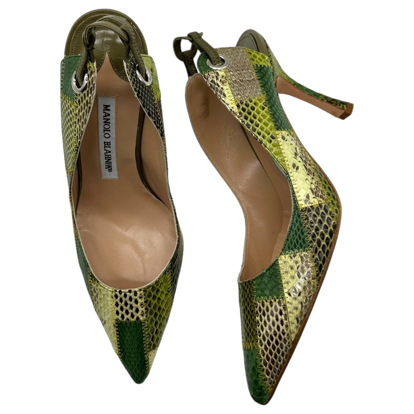 Manolo Blahnik Green Patchwork Snakeskin Heels