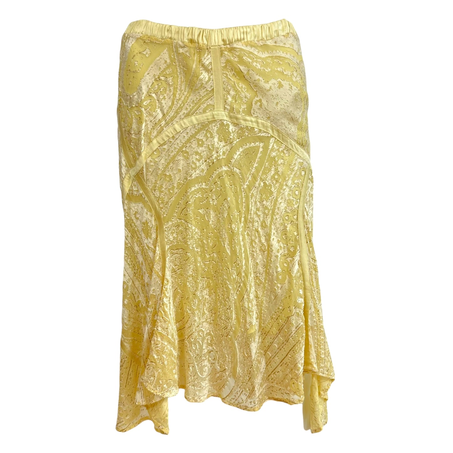Roberto Cavalli S/S 2004 Yellow Paisley Silk Asymmetrical Hem Midi Skirt