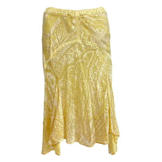 Roberto Cavalli S/S 2004 Yellow Paisley Silk Asymmetrical Hem Midi Skirt