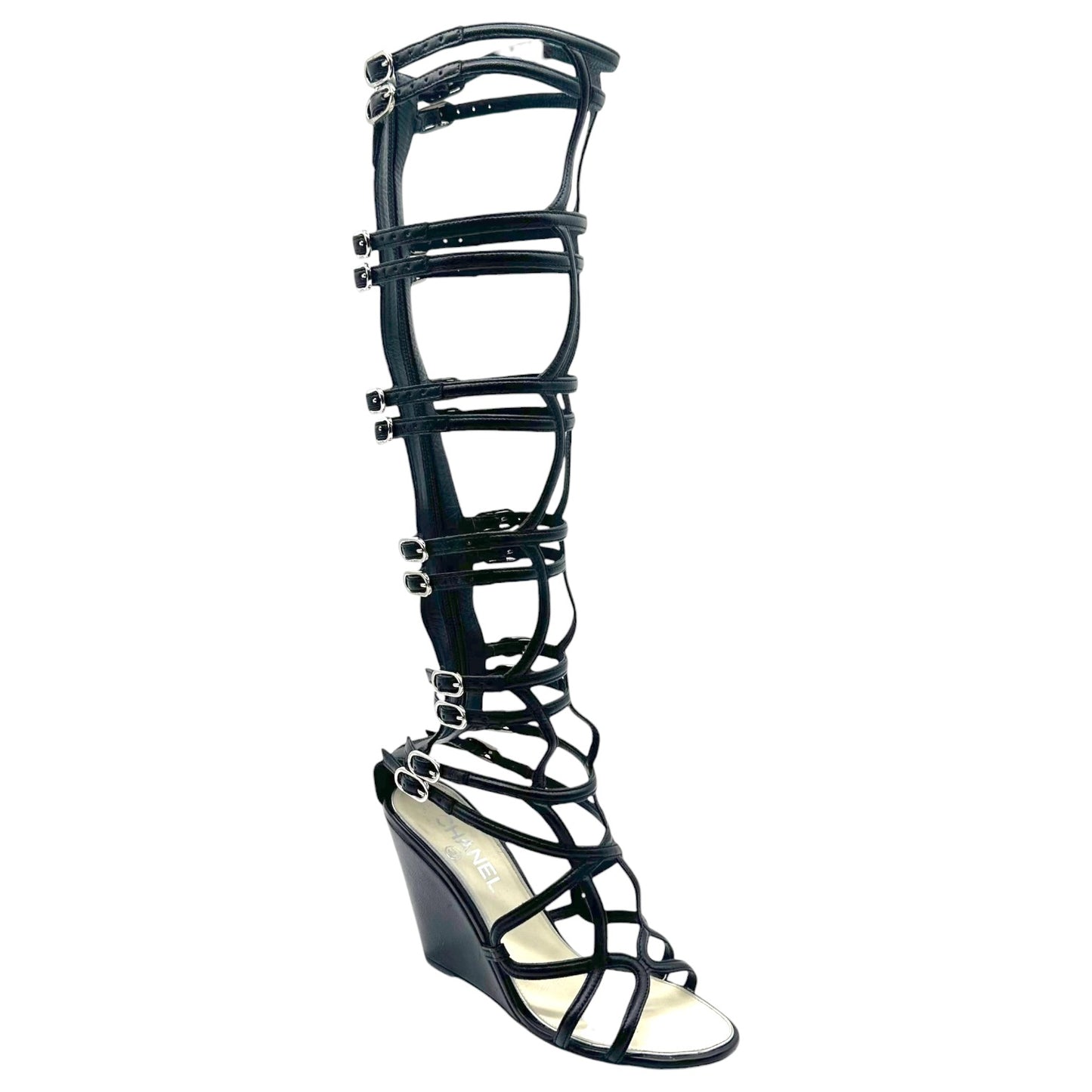 Chanel Black Leather Knee High Gladiator Wedge Sandals